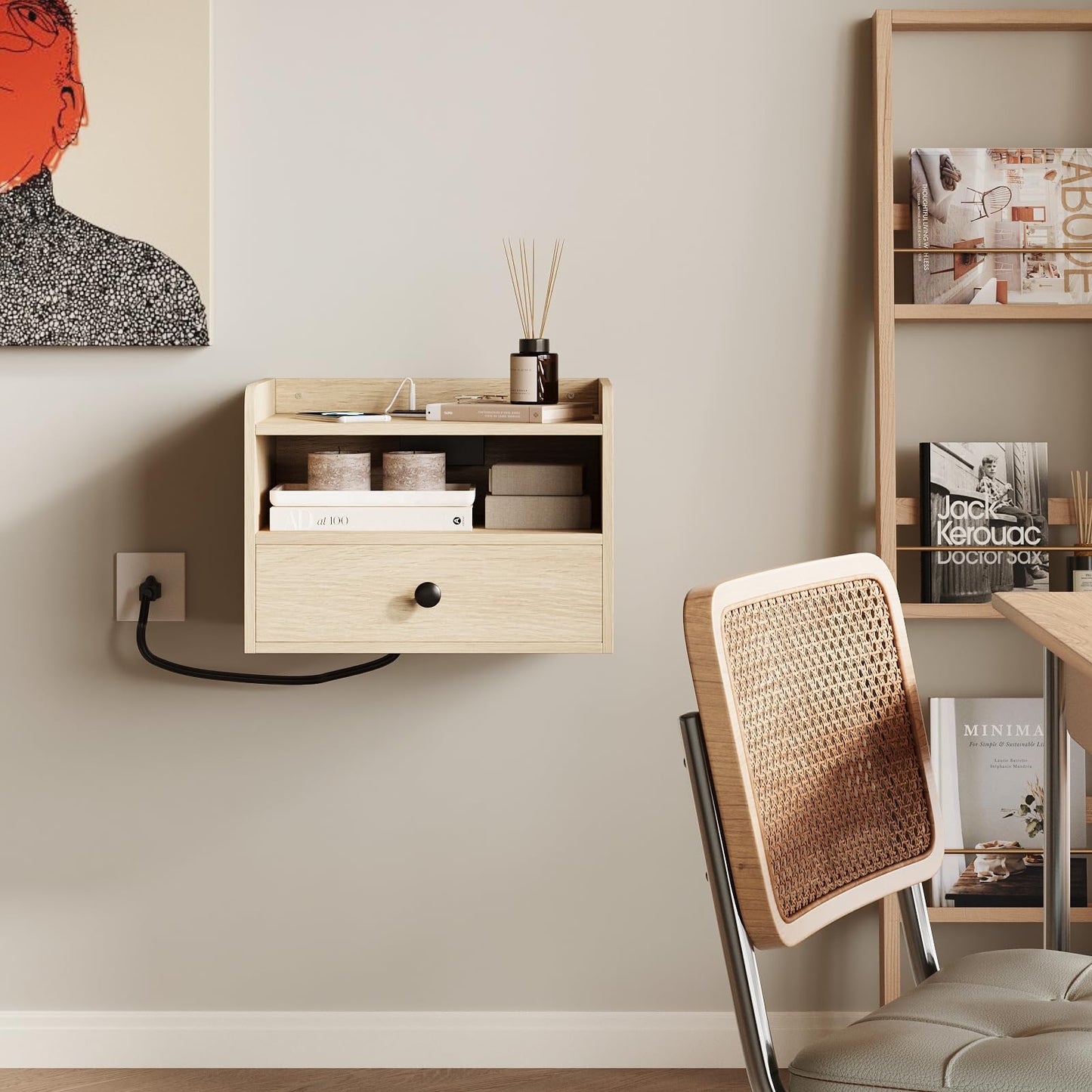 Floating Nightstand Set of 2 Modern Night Stands with Drawer and Open Shelf Cubby Small Bedside End Table with Charging Station Wall Mounted Nightstands Set 2 for Bedroom Natural