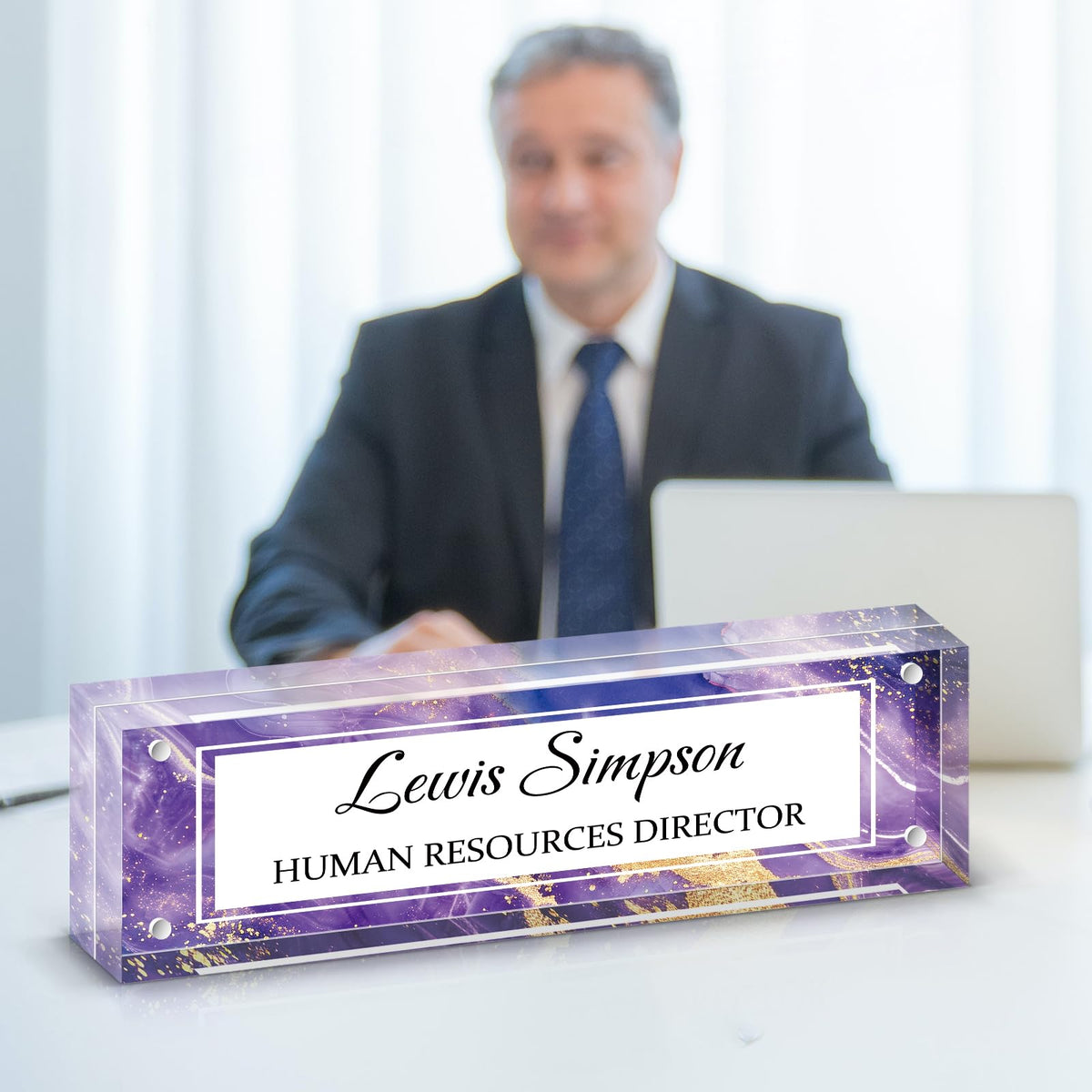 HETOOSHI Desk Name Plate Personalized, Desk Double sided pattern Name Plate Personalized Office Desk Decor for Women and Men , Teacher Nurse Boss Employee Appreciation Gifts (Purple marble, fixed pattern)