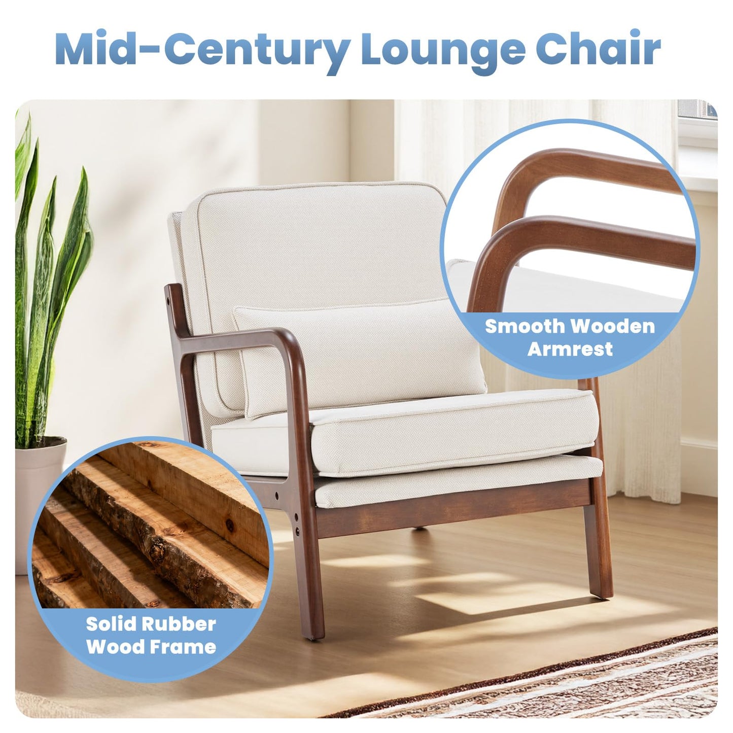 DUMOS Accent Chairs Set of 2,Mid Century Modern Chair with Arms and Waist Cushion, Reading Chairs for Adults, Lounge Chair for Living Room and Bedroom, Solid Wooden Frame, Cream