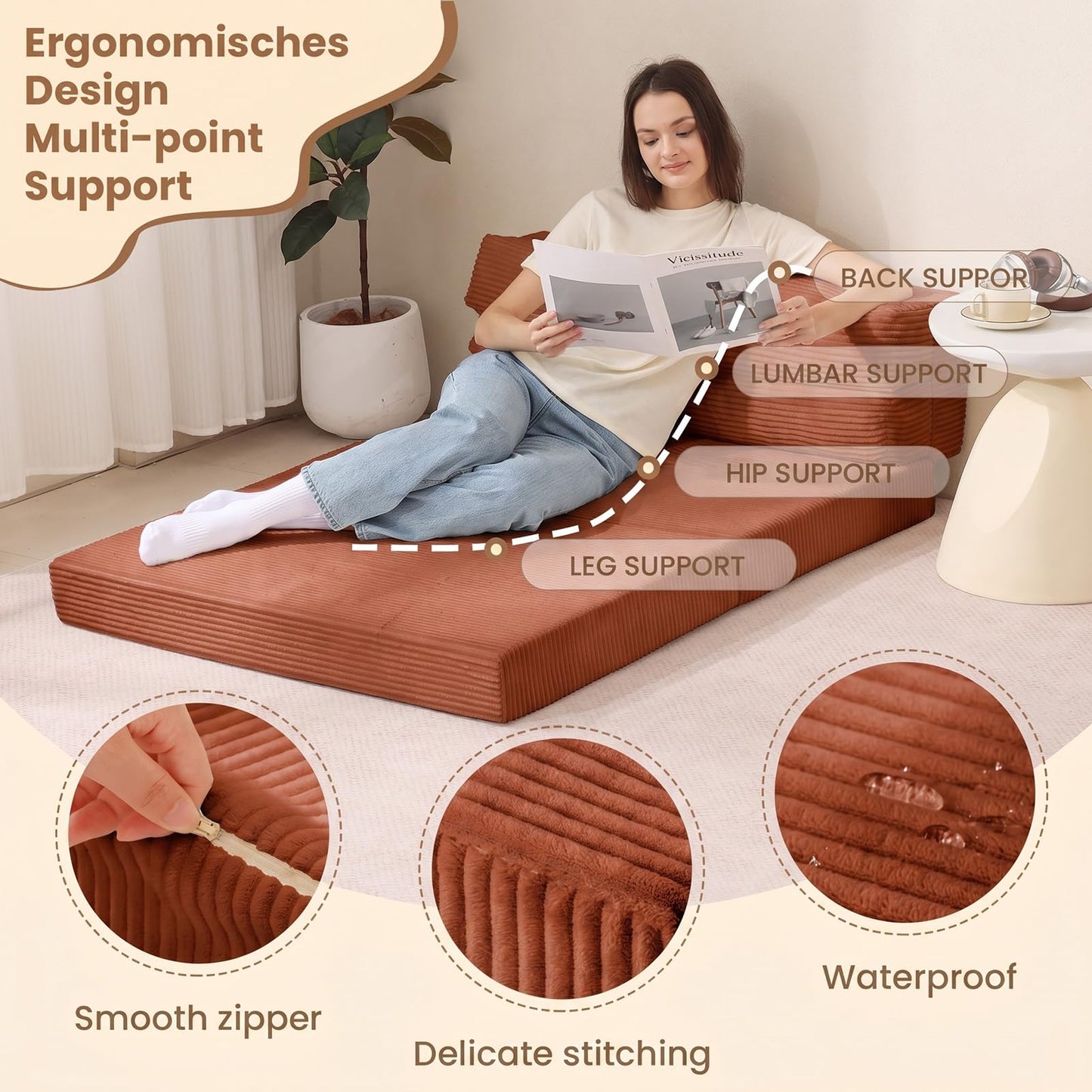 JUIKURY Folding Sofa Bed, Convertible Sleeper Chair with Pilow Foldable Matress, 2 in 1 Pull Out Loveseat Sofa Portable Fold Out Chair Bed Floor Couch Lounge for Living Room (Sand Red, Full)
