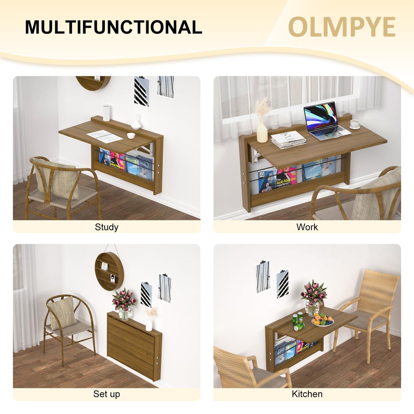 OLMPYE Wall Mounted Folding Table,Wooden Mounted Desk with Iron Bracket,Small Space Solutions,Floating Workbench Desk for Laundry Room, Room, Study