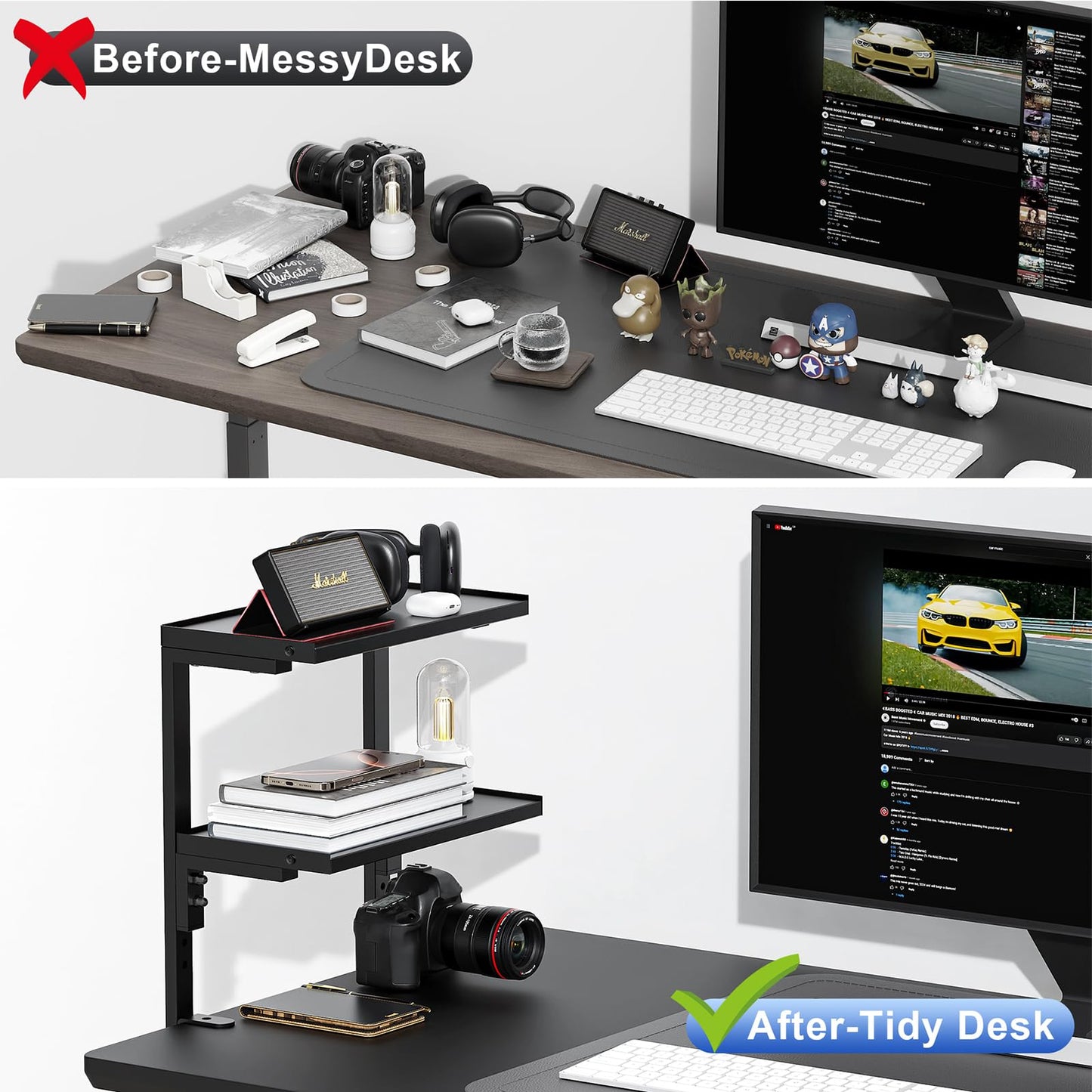 OUTIOE 2-Tier Desk Shelf, Expandable Under Desk Storage, Clamp on Desk Shelf, Desktop Accessories for Offices, Study Rooms, and Game Rooms (Black)