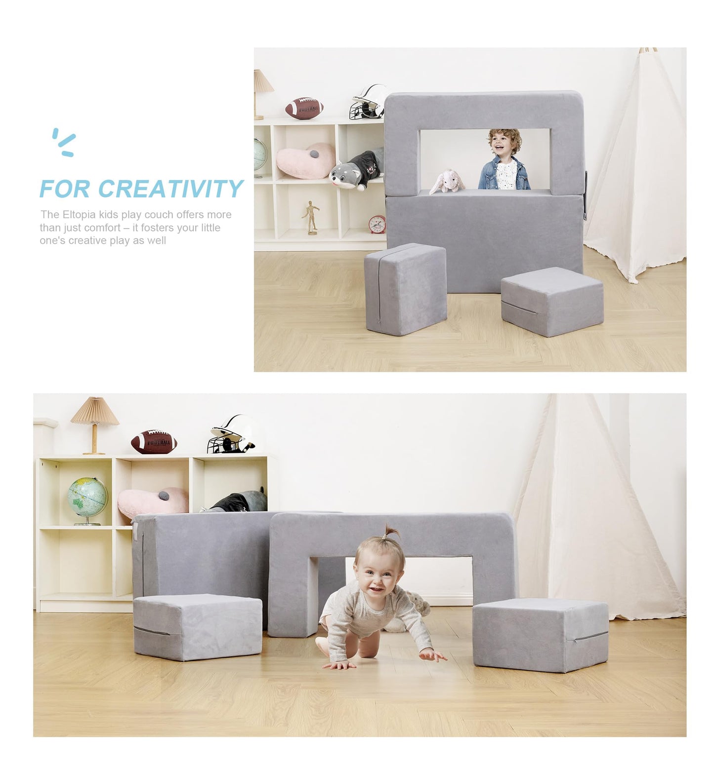 Elftopia Modular Kids Sofa,Toddler Couch Foam Armchair for Kids, Children Convertible Plush Sofa Play Set,Fold Out SofaBed(Grey)