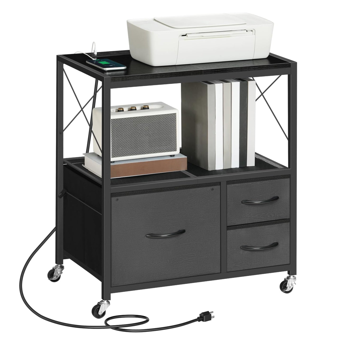MAHANCRIS File Cabinet with Charging Station, 3 Drawer Lateral Filing Cabinet for Home Office, Mobile Printer Stand with Open Shelf, Fits A4/Letter Size File, Nonwovens Drawer, Black FCHB98E01