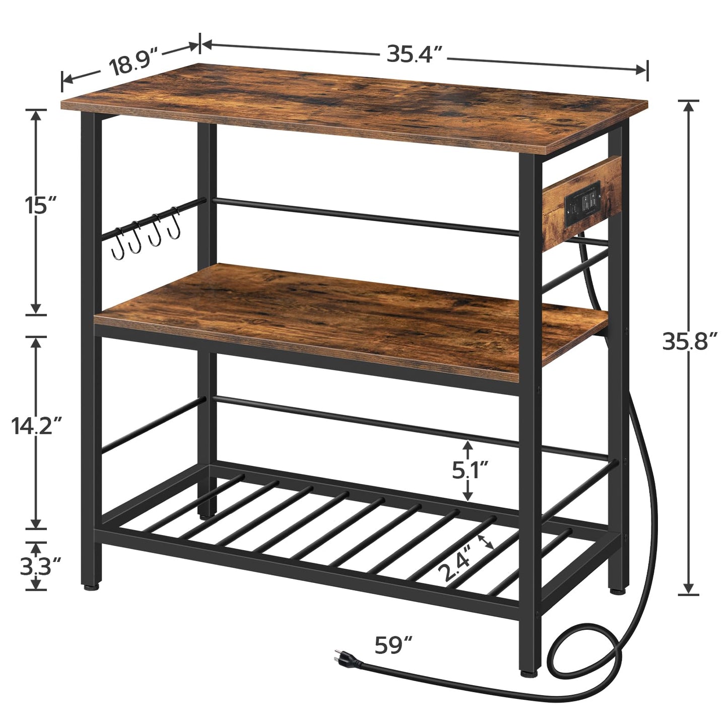HOOBRO Kitchen Island with Storage, Kitchen Island Table with Power Outlet, 35.4" L 3 Tier Coffee Station and Microwave Stand, for Home, Dining Room, Rustic Brown and Black BF021ZD01