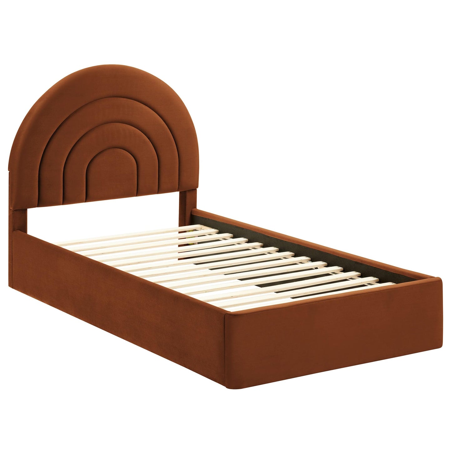 Modway Solana Twin Size Performance Velvet Platform Bed in Rust – Upholstered Bed Frame with Soft Arch Shaped Padded Headboard – Plinth Base Platform Bed Frame