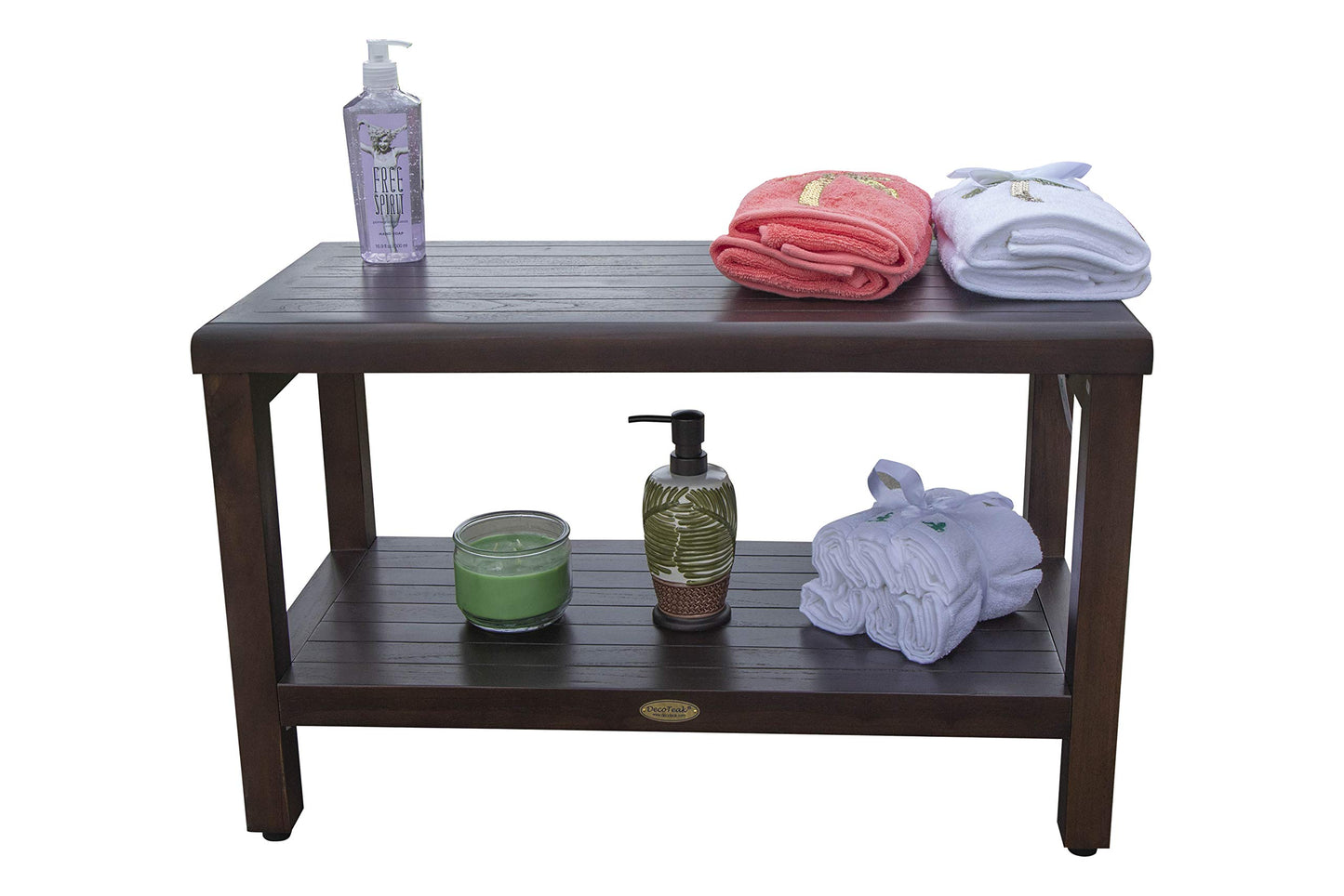 DecoTeak Eleganto 30 Inch Brown Waterproof Teak Wood Shower Bench Stool Seat Chair for Inside Shower Storage Shelf Provides Safety, Storage, and Organization for Bathroom Accessories