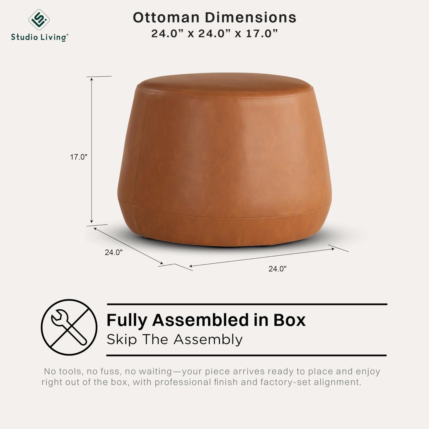 Studio Living Waverly 24" Thimble Ottoman, Urban Transitional, Fully Assembled, Vegan Leather Fabric, Carmel