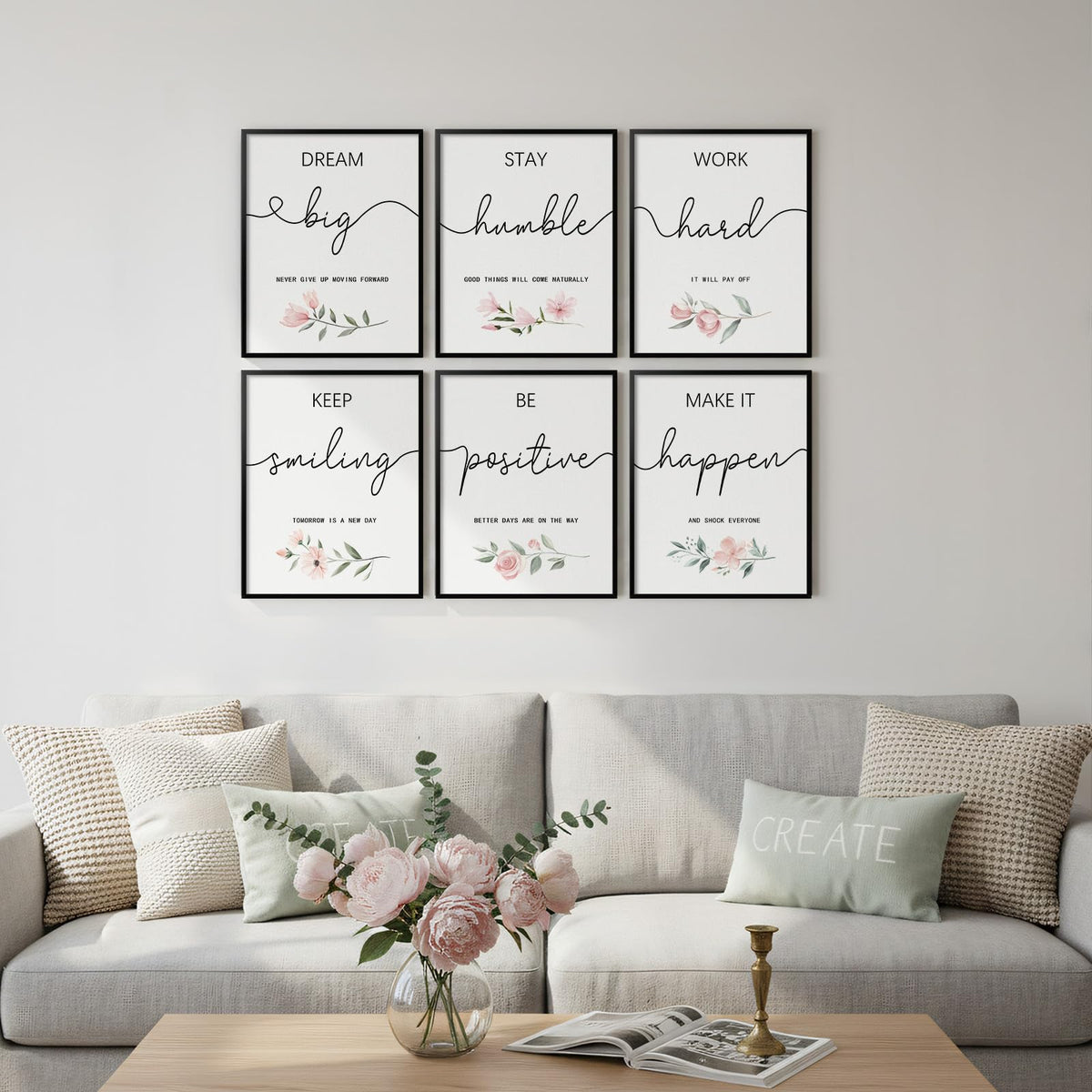 Framed Inspirational Office Wall Art Decor, 6 Piece Modern Motivational Quotes Floral Canvas Prints Artwork for Office Walls, Positive Affirmations Wall Decor for Home, Study Room, 11x14
