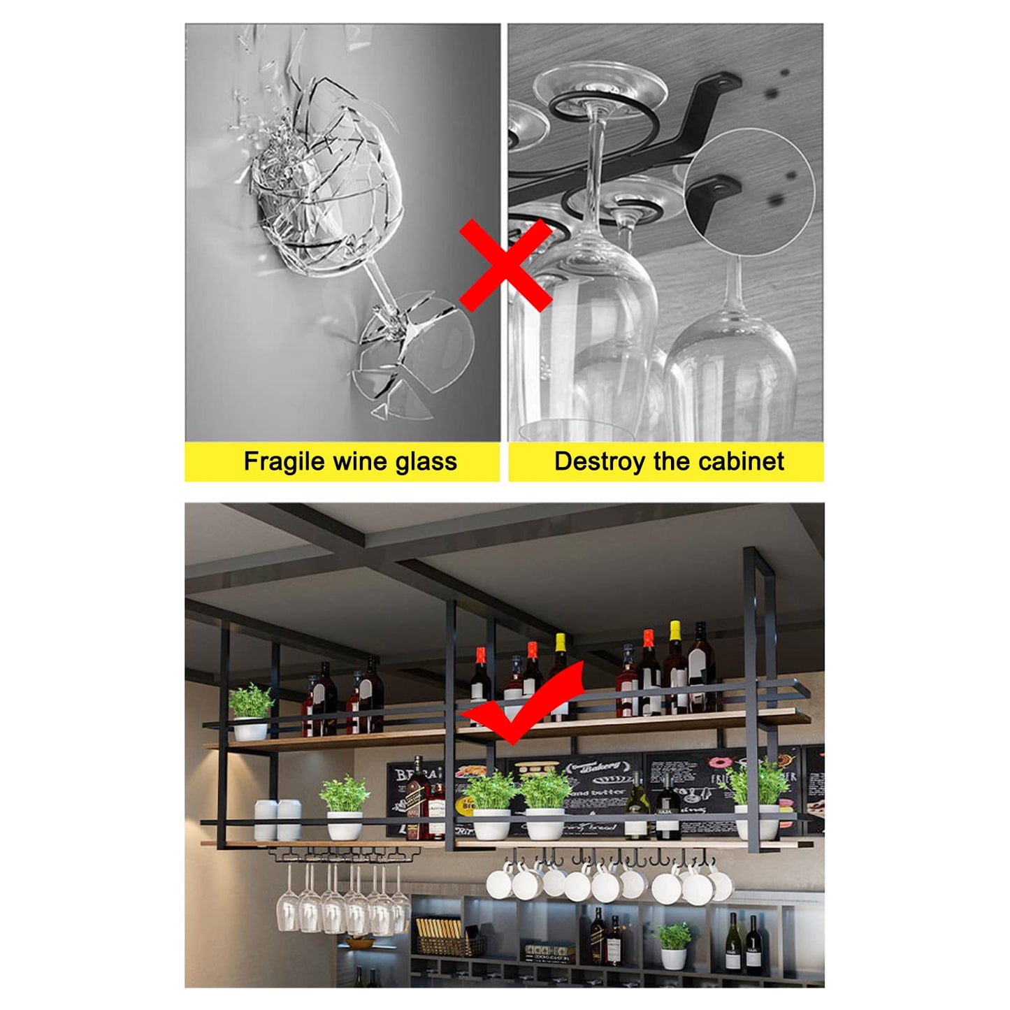 Ceiling Wine Glass Rack - 31.4in Hanging Wine Rack with Glass Holder and Shelf, 2 Layer Industrial Hanging Wine Bottle Holder, Gold Metal Ceiling Shelf for Bar Cafe Kitchen (Gold, 31.4×11.8×31.4in)