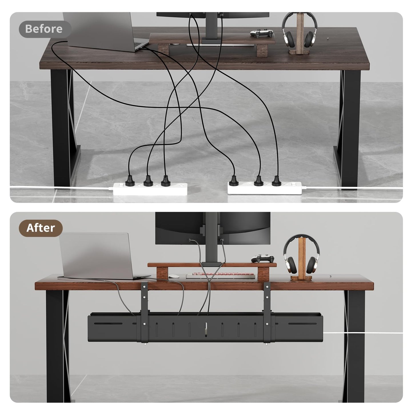 SUREUP9 Under Desk Cable Management Tray, Expandable 25.2"–38.6" Heavy Duty Carbon Steel with Clamp, Hidden Cord Organizer for Desk, Home Office & Standing Desk, No Drill Installation, Black