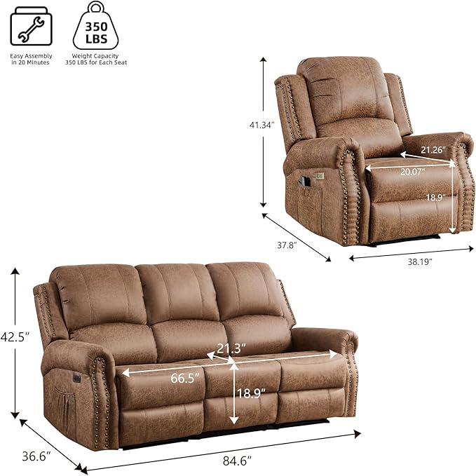 EBELLO Faux Leather Power Living Room Furniture Set, Included 2 Reclining 1