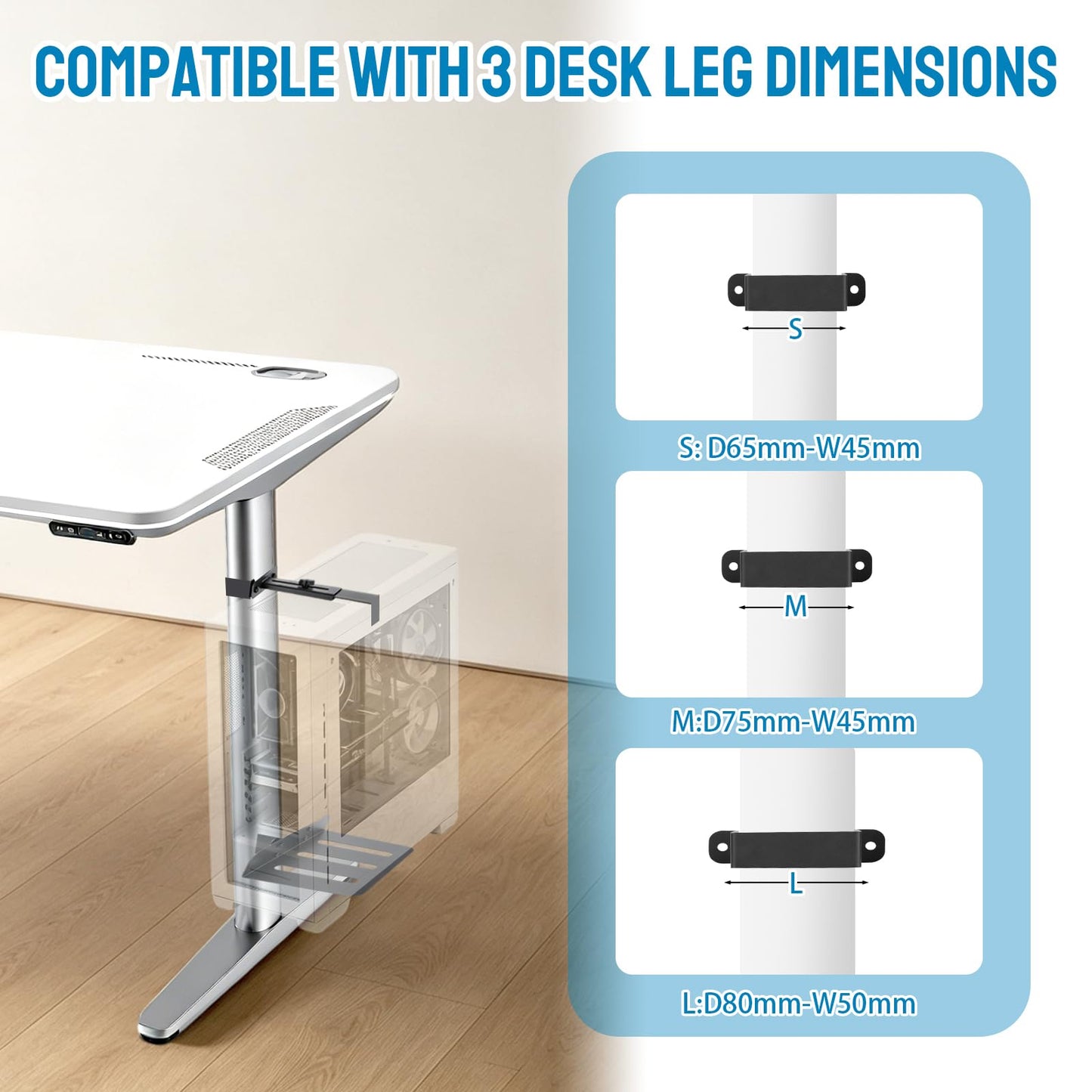 Under Desk PC Mount - Heavy Duty PC Stand for Standard Computer Tower Up to 9.64" Wide, Up to 50Lbs Weight, Clamped PC Bracket Holder Only for 65×45mm/75×45mm/80×50mm Standing Desk Leg, No Drill