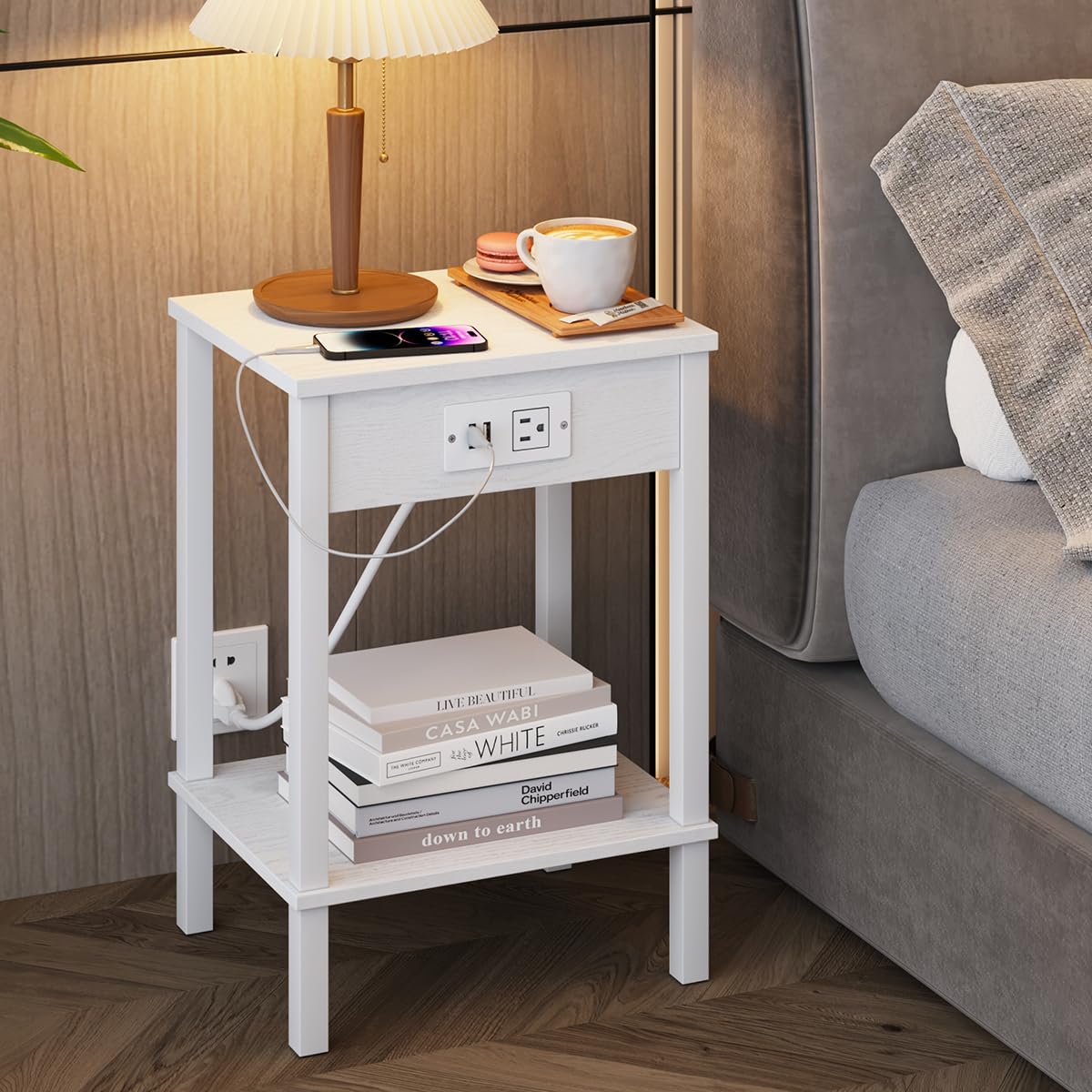 VIMBER Side Table with Charging Station, Set of 2 End Tables with USB Port and Outlets, Nightstands with 2-Tier Storage Shelves, Sofa Table for Small Space, Living Room, Bedroom, White UTBT102W2