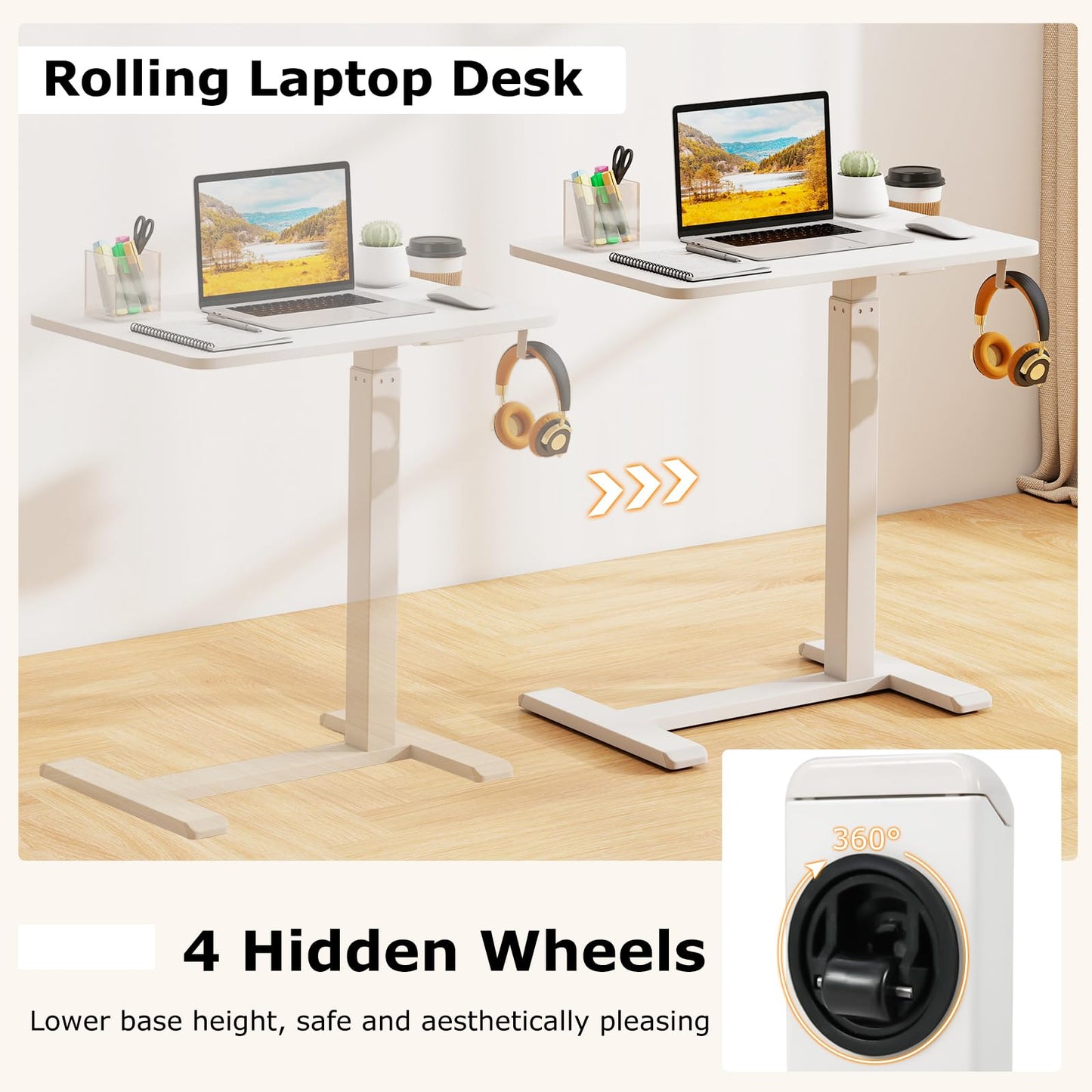 Tangkula Mobile Standing Desk, Pneumatic Height Adjustable Rolling Desk with Cup Holder & Headphone Hook, Overbed Table with Hidden Wheels, Laptop Computer Cart for Couch, Home, Office (White)