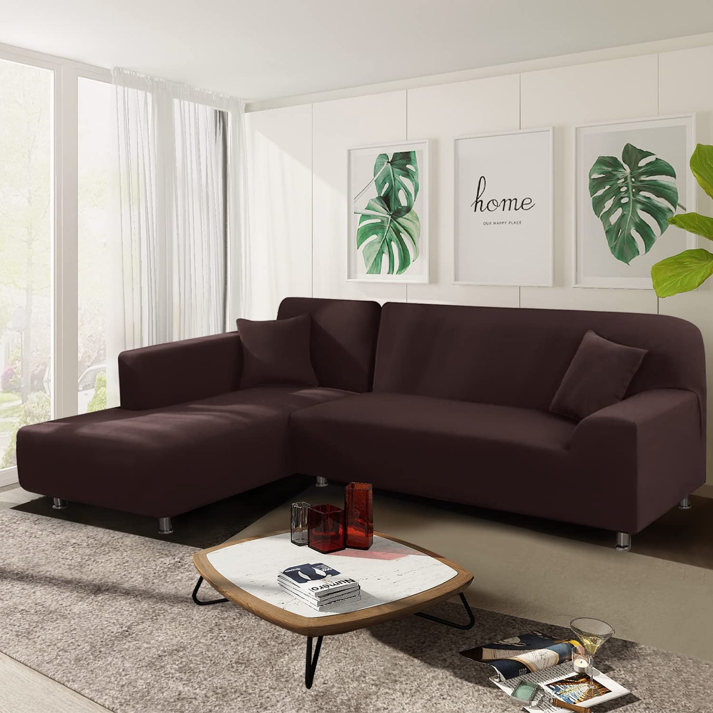 NAISI Couch Cover L Shape 2 Pieces Sofa Cover Soft Stretch Slipcovers with 2pcs Pillowcases Furniture Protector Sectional Couch Covers 3 Seater + 3 Seater(Coffee)