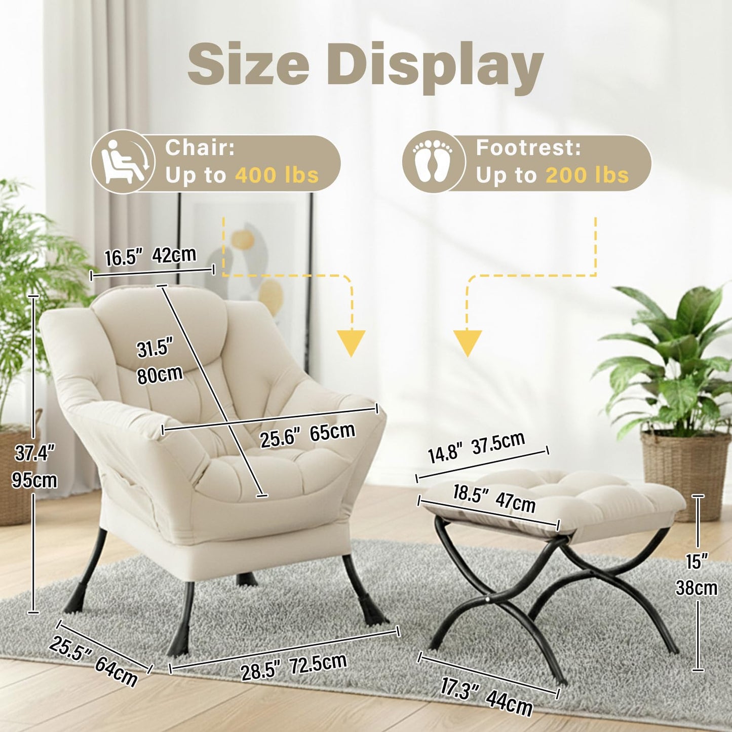 Givjoy Lazy Chair and Ottoman, Large Velvet Beige Accent Chair with a Side Pocket, Modern Leisure Upholstered Reading Armchair with Footrest for Office, Bedroom, Living Room, Dorm Rooms, Balcony