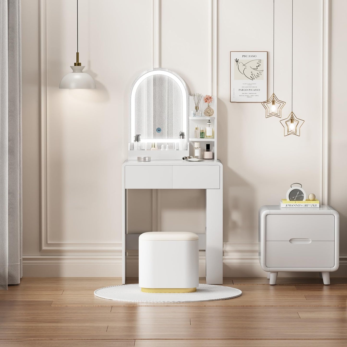 JanflyHome Vanity, Small Vanity Desk with Mirror and Lights, Side Shelf Storage Space, Compact Girls Dressing Table in Bedroom, Modern Round Curved Design, White