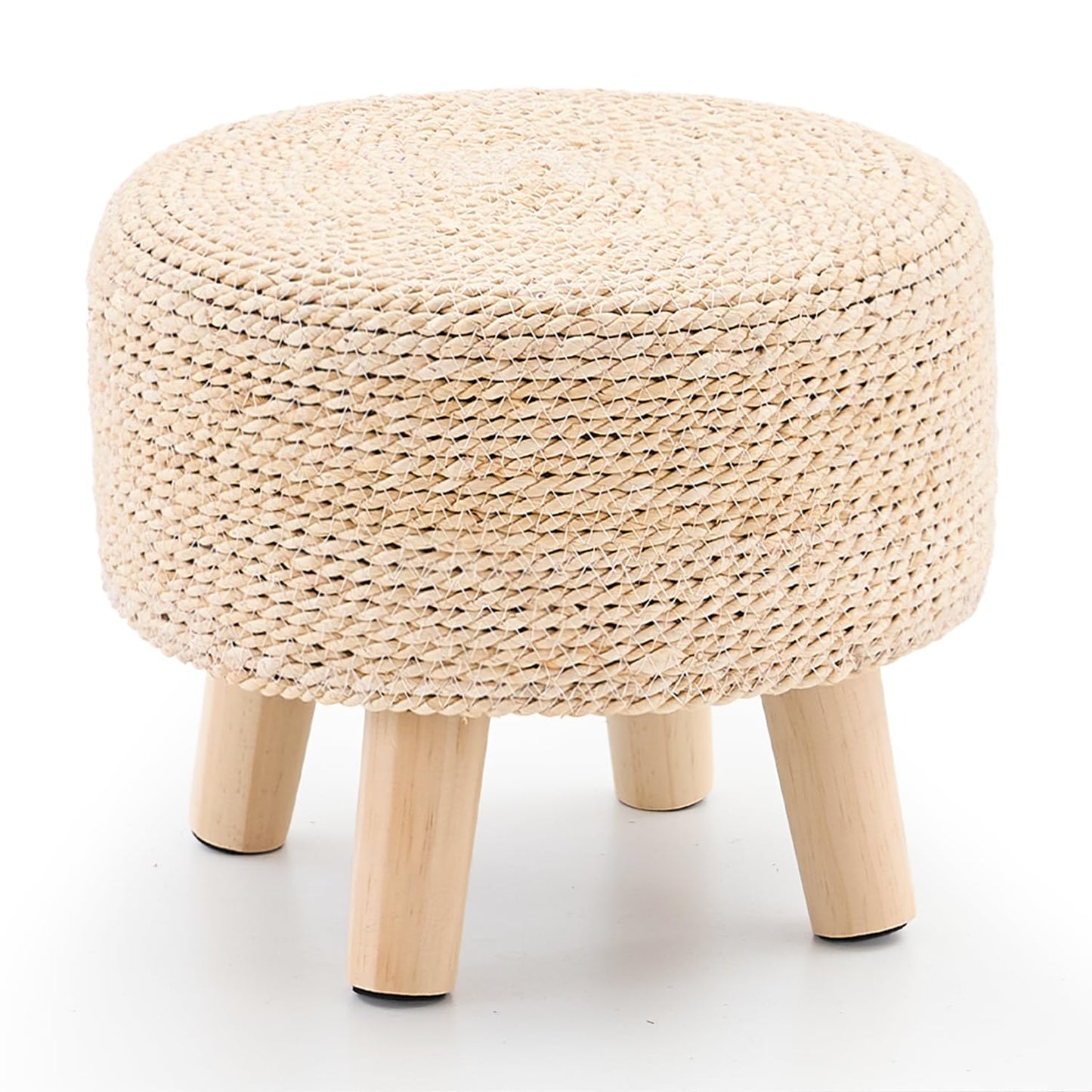 Cpintltr Ottoman Natural Seagrass Footrest Poufs Hand Weave Round Foot Stool for Couch Desk Soft Step Stool Padded Foot Rest with Pine Legs for Living Room Bedroom (Natural White)