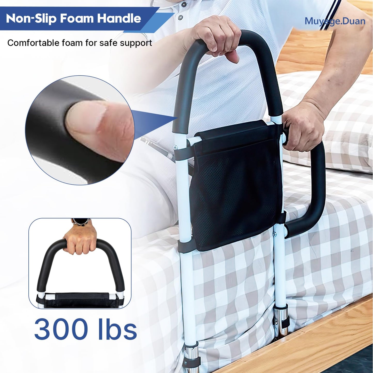 Muyege.Duan Bed Rail for Elderly Adults – Adjustable Bed Assist Handle with Non-Slip Foam Grip, Storage Pocket & Safety Strap Tool-Free Installation Bedside Rail for Seniors, Injured or Pregnant Users