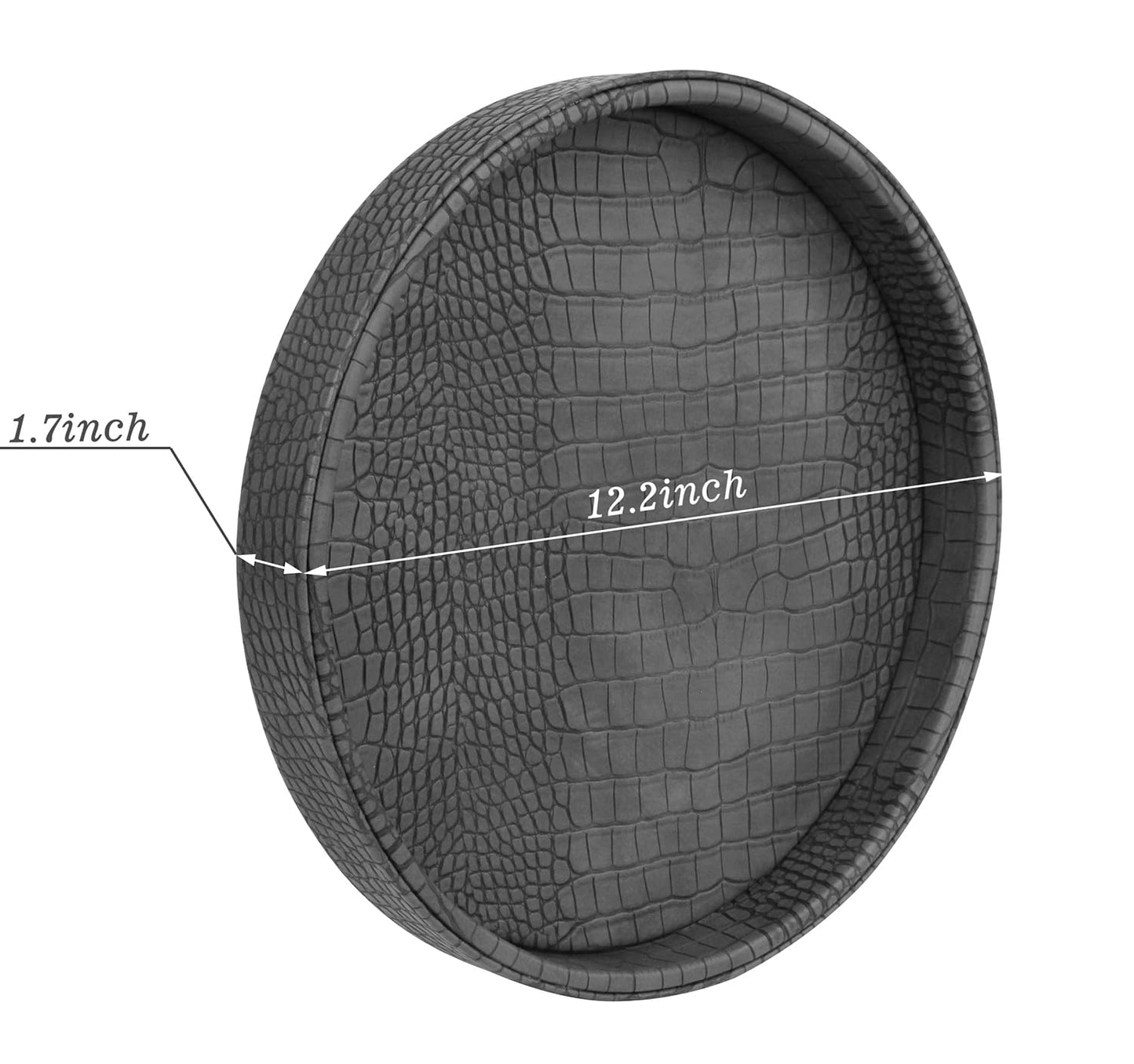 HofferRuffer Faux Leather Round Serving Tray, Vegan Croco Leather Decorative Tray, Food Tray for Storage Drinks, Snack & Cosmetics, Dia.12'' x 1.6'' (Dark Grey)