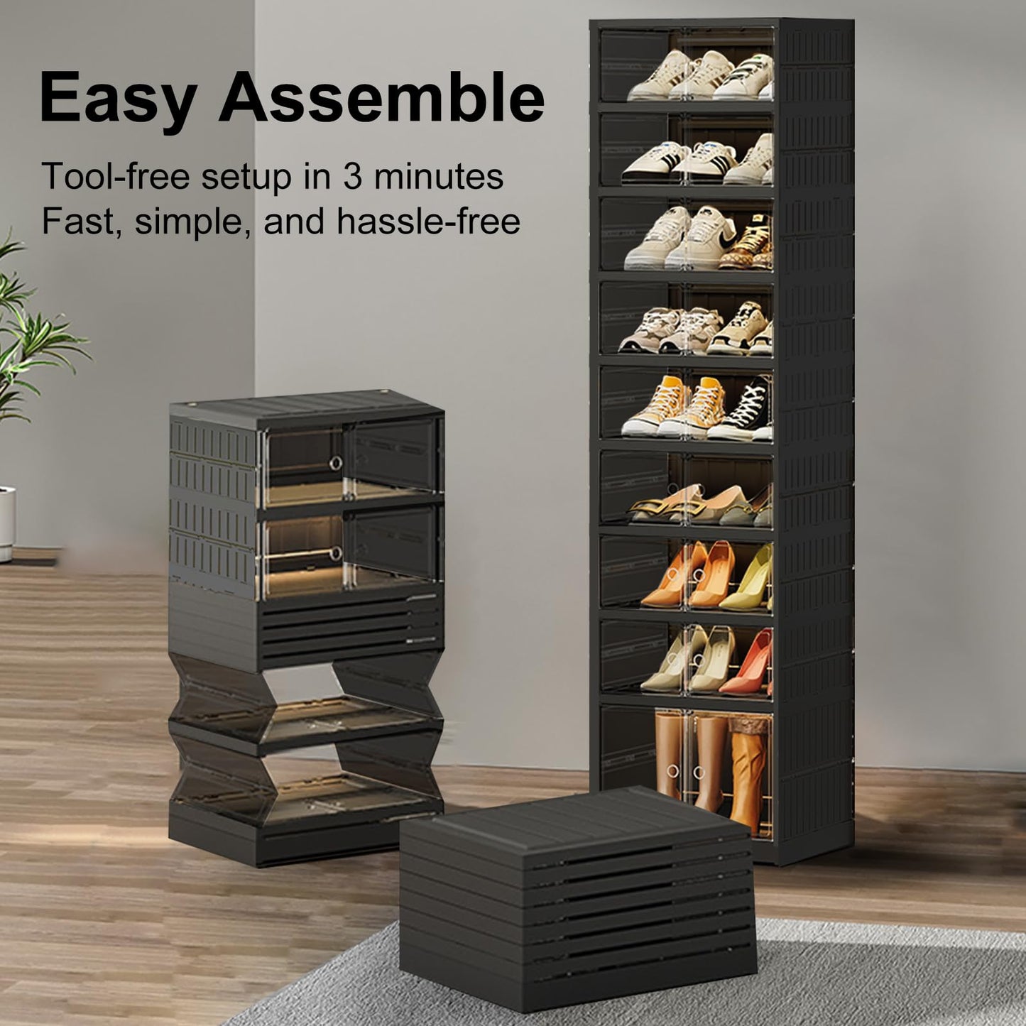 SYNCVIBE Shoe Rack Organizer for Closet Entryway Foldable Sneaker Storage Shoe, Collapsible Shoe Cabinet, Stackable Shoe Storage Cabinet with Lids for Living Room (9 Tiers -18 Pairs Black)