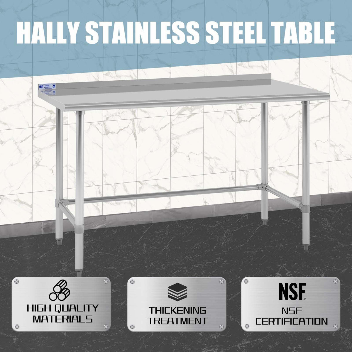 Hally Open Base Stainless Steel Table 24 x 60 Inches, NSF Commercial Heavy Duty Prep & Work Table with Backplash and Galvanized Legs for Restaurant, Home and Hotel