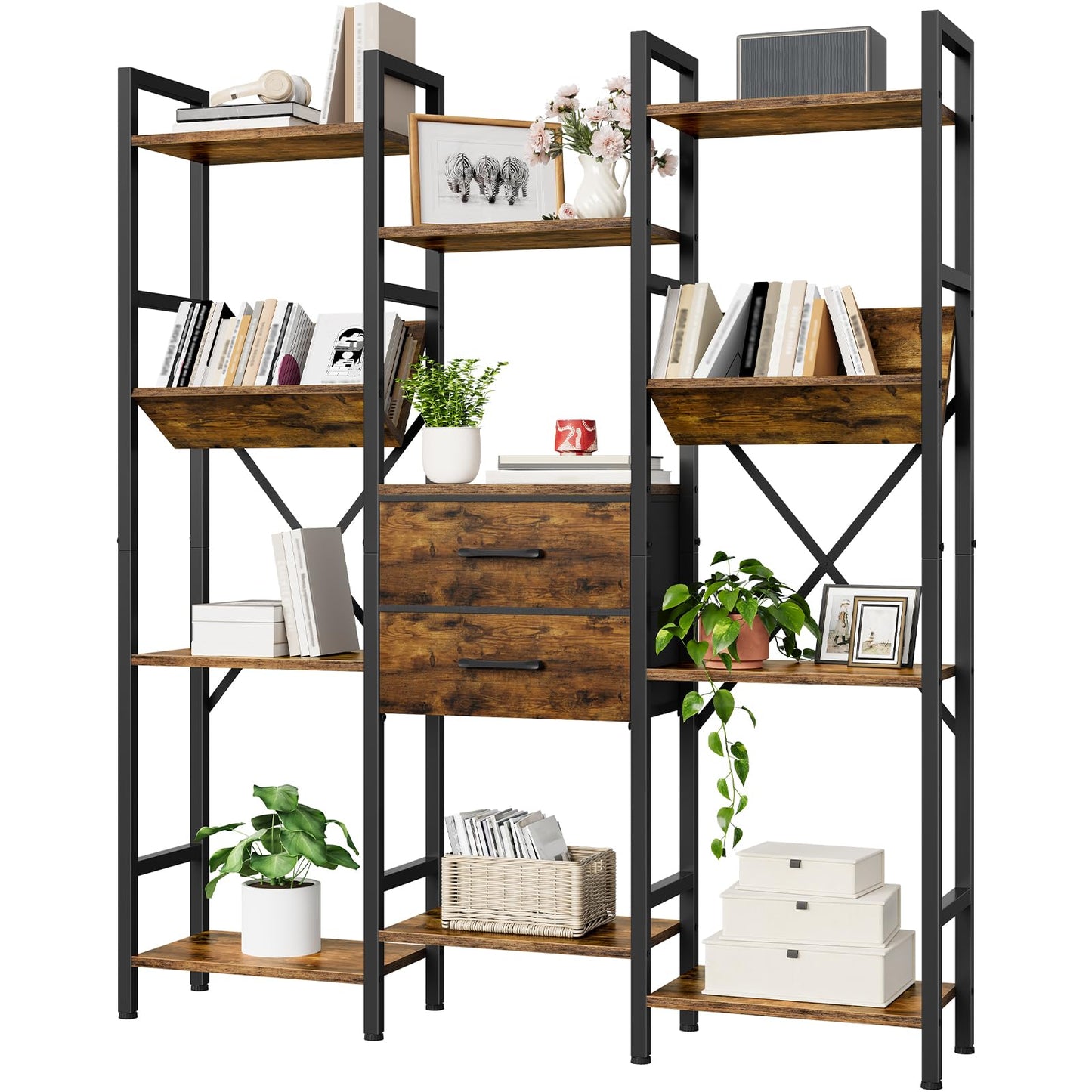 CHOEZON 3-Column Bookcase, 55.1" Bookshelf with 2 Non-Woven Fabric Drawers and V-Shaped Shelves, Display Storage Shelf for Living Room, Office, Study, Rustic Brown and Black TSJ03BF