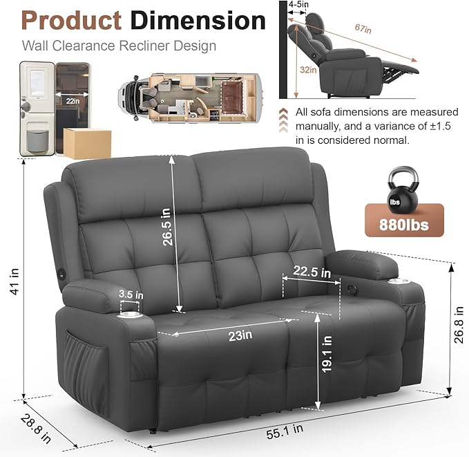 Power Loveseat Recliner with 2-Point Graphene Heat & Massage, Under-Seat