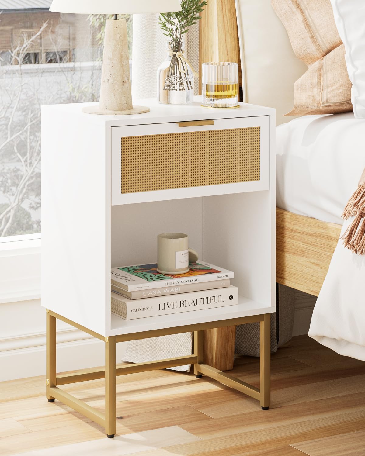 Masupu Rattan Nightstand,Modern Night Stand Boho Farmhouse Wood Bedside Table with Storage Drawer Side End Table for Bedroom,Office,White