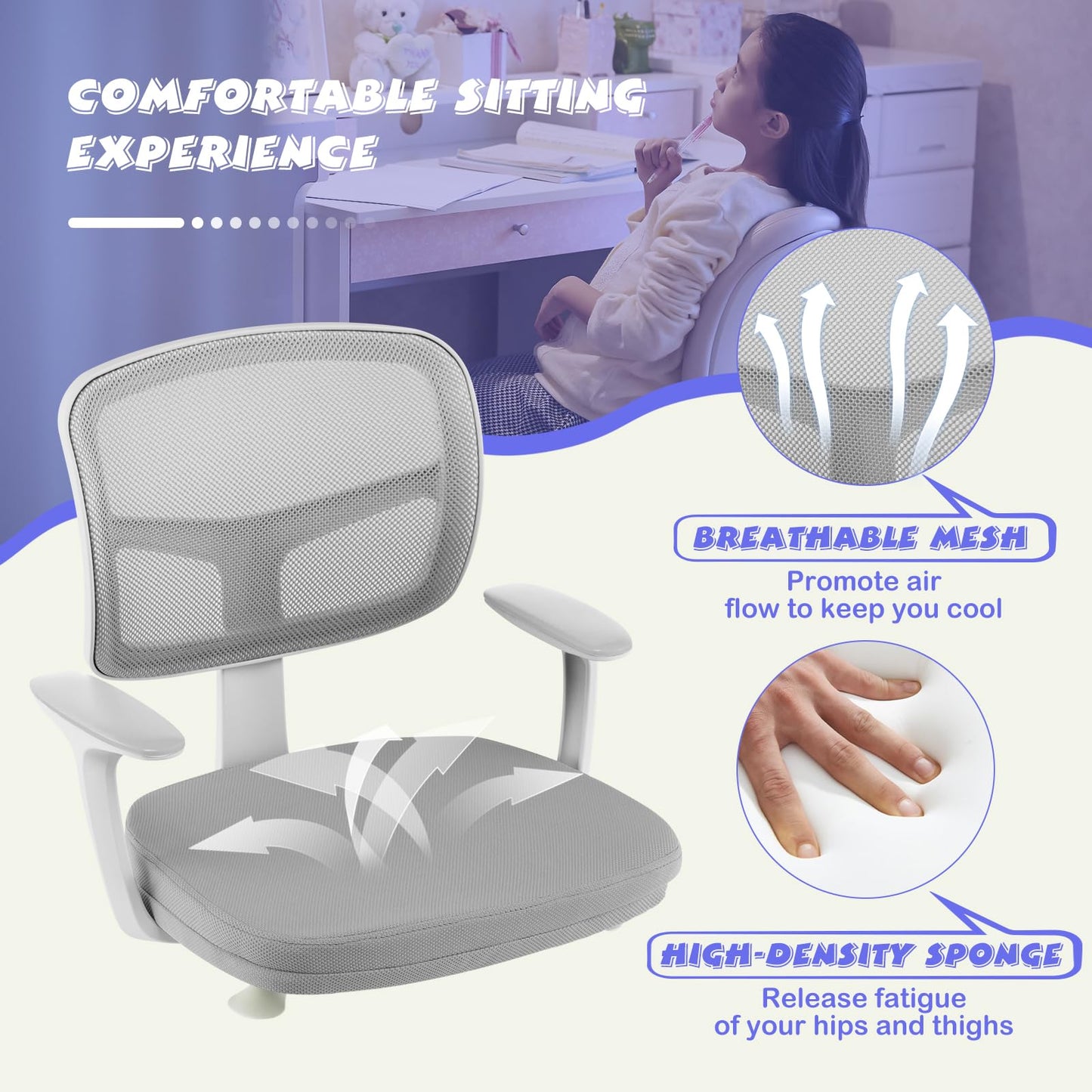Costzon Kids Desk Chair, Adjustable Children Study Computer Chair with Arms & Wheels, Student Swivel Rolling Task Chair, Ergonomic Kids Office Chair for Boys Girls Age 4-12, Home Bedroom School, Grey