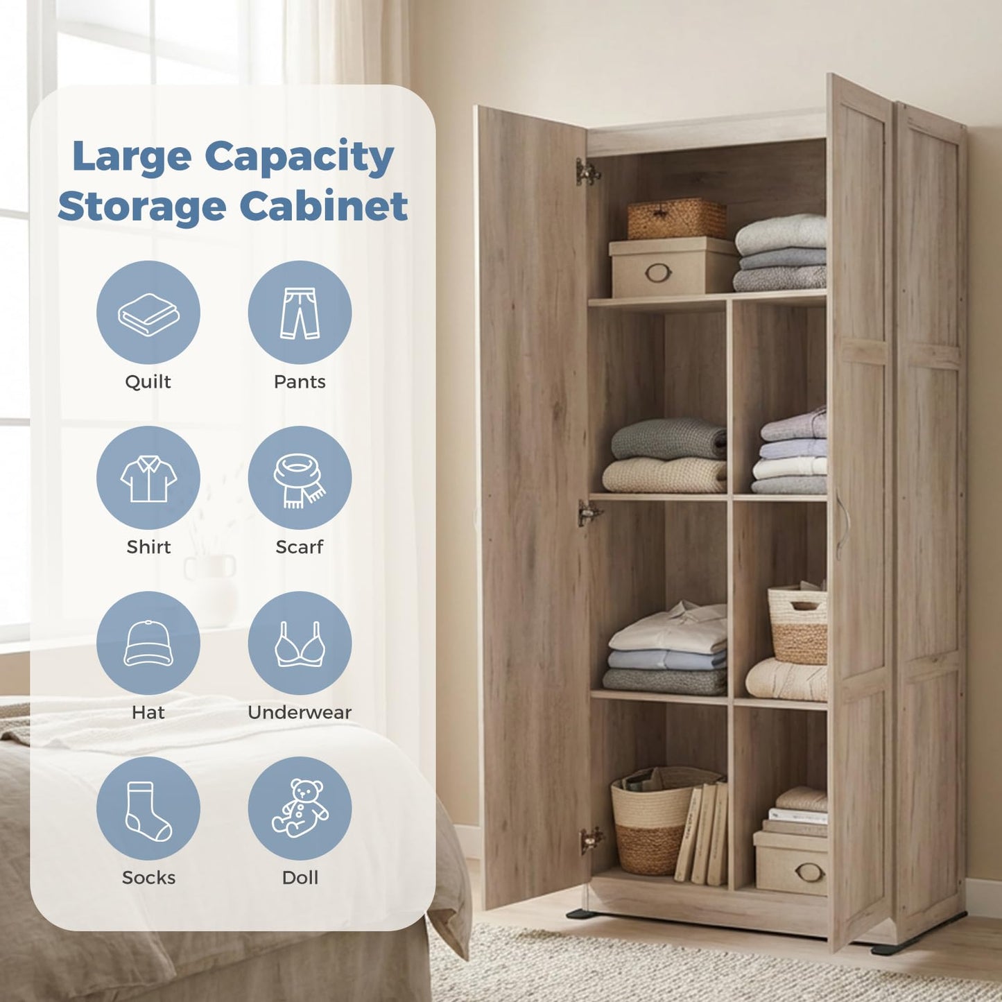DUMOS Office Storage Cabinet, Large Capacity Organizer, Wooden Bedroom Storage Unit for CD, Blankets and Books, Suitable for Living Rooms, Office and Study Rooms, Wood
