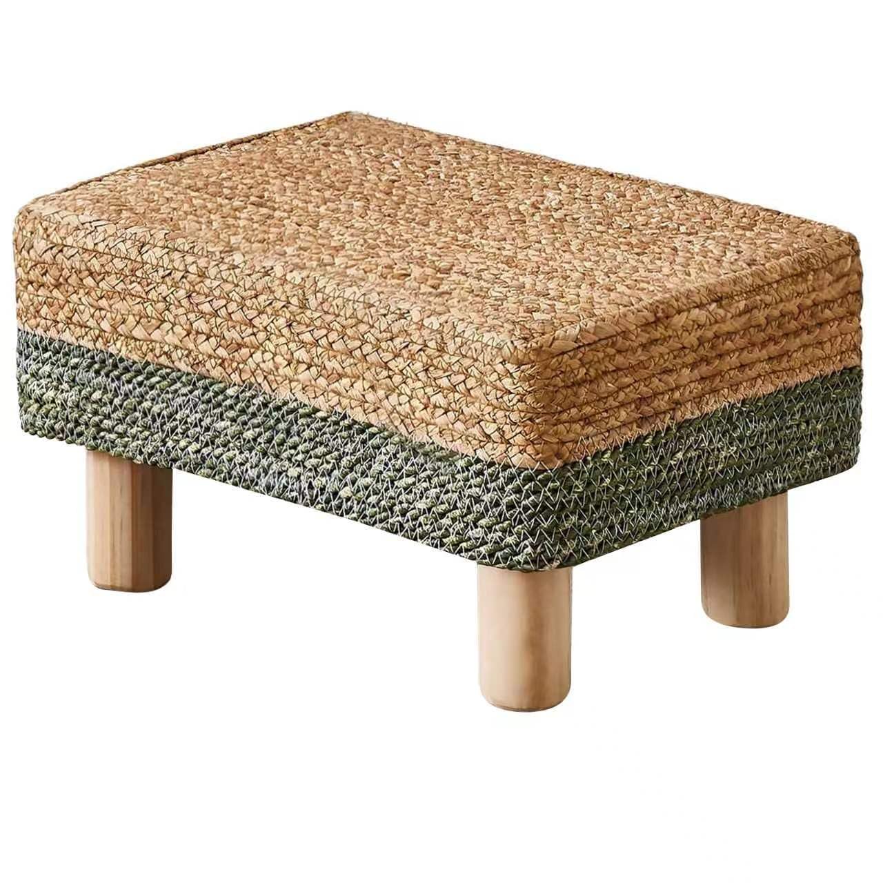Wimarsbon Natural Seagrass Footstool Ottoman Rectangular Footrest Pouf Ottomans with Wooden Legs Hand Weave Step Stool for Living Room Bedroom Entryway Green