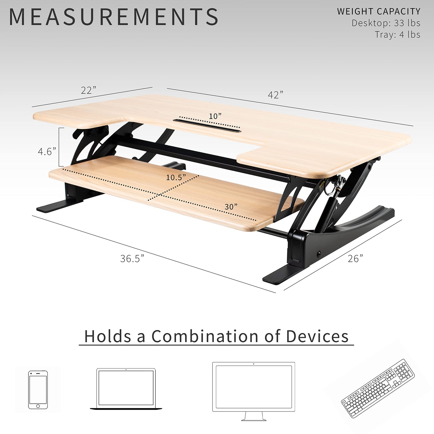 VIVO 42 inch Height Adjustable Stand Up Desk Converter, V Series, Quick Sit to Stand Tabletop Dual Monitor Riser Workstation, Light Wood Top, Black Frame, DESK-V000VLO