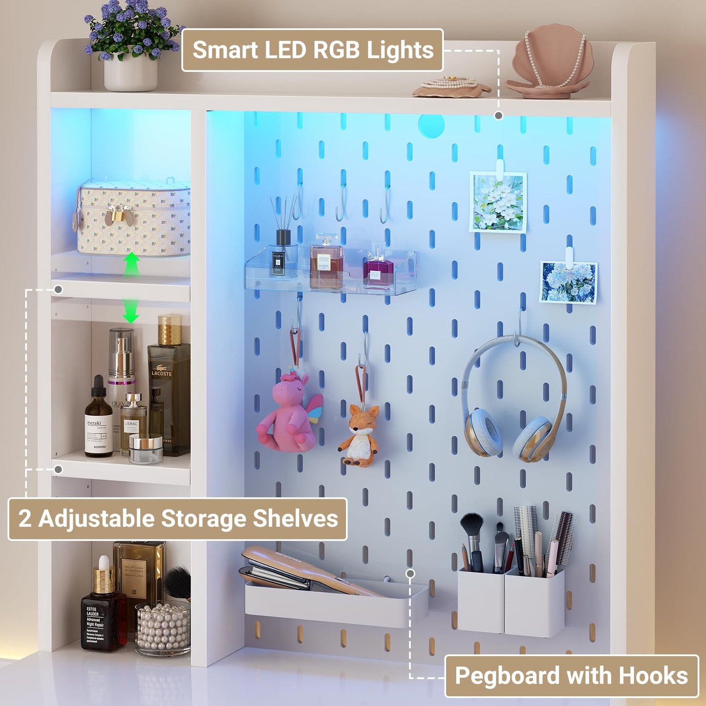 Besiost Small Vanity Desk with Hutch and Drawers, White Makeup Vanity Desk with Charging Station, Vanity Table Dressing Table with LED Lights, Vanity Desk No Mirror with Pegboard for Girls Women, 24"