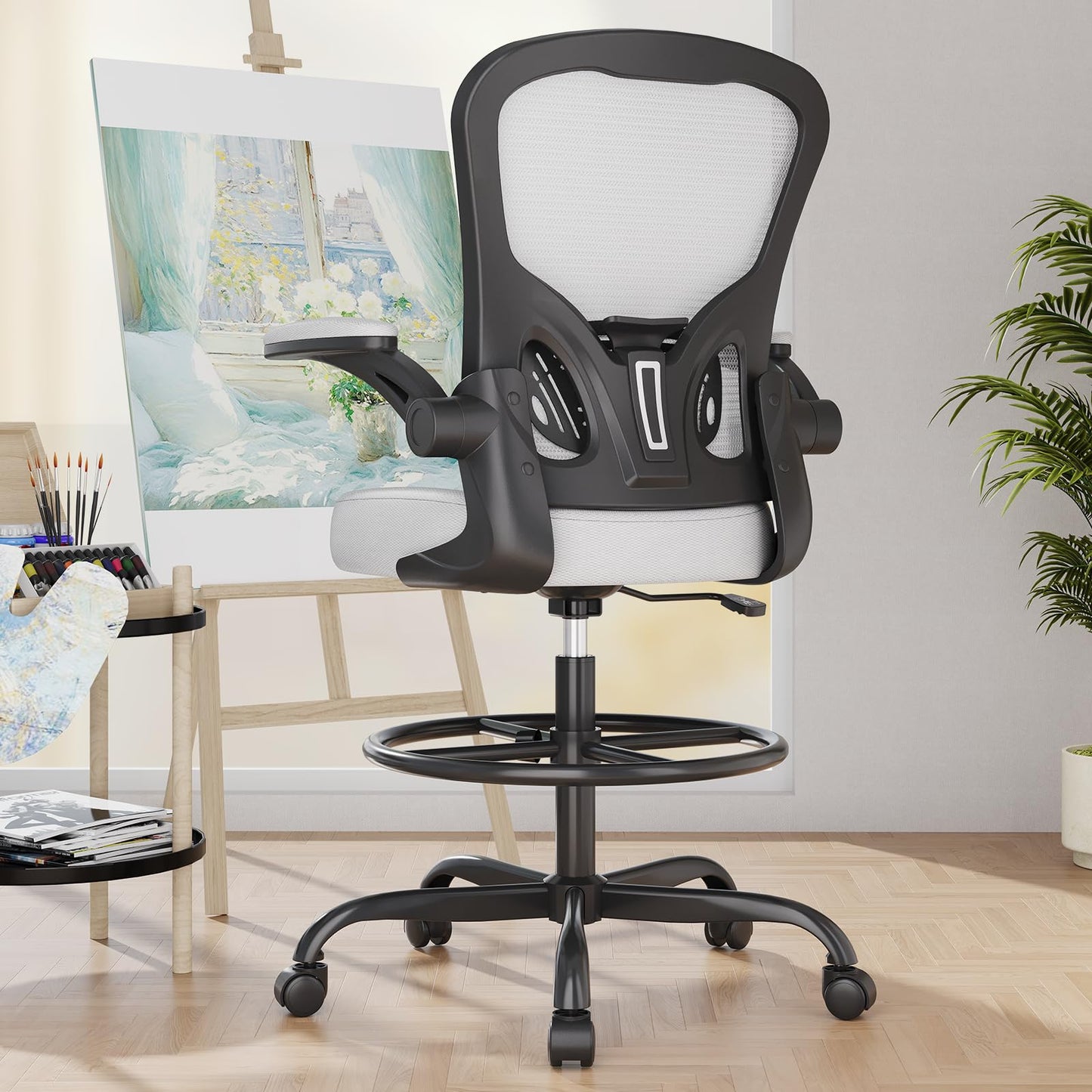 Ergonomic Drafting Chair, Tall Office Chair with Flip-up Armrests, Breathable Mesh High Desk Chair with Lumbar Support Adjustable Footrest Ring for Standing Desk Gray
