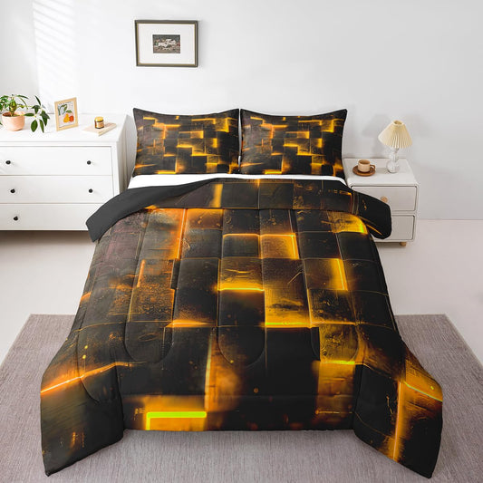 Black Orange Abstract Comforter Twin Gradient Square Twin Bedding Set, Geometric Grid Down Comforter Neon Checkered Bed Set Glowing Plaid Quilted Duvet 3D Modern Bedroom Decor 2pcs (Black Reversible)