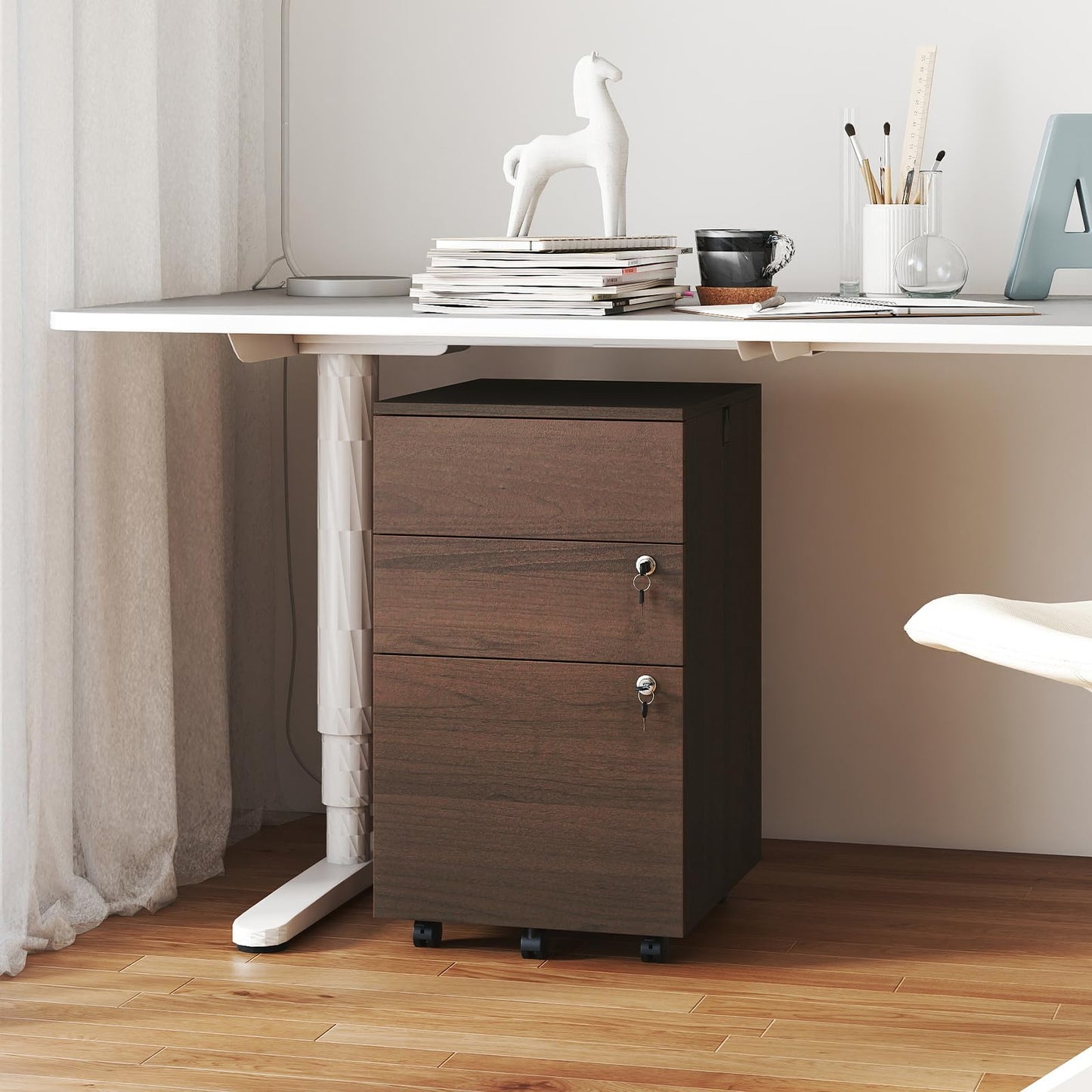 Giantex 3-Drawer File Cabinet with Lock, 27-Inches Storage Cabinet with 2 Side Hooks, Mobile Printer Stand, Wheels, 4 Keys, Vertical Filing Organizer fits Letter/A4 Size for Home Office (Brown)