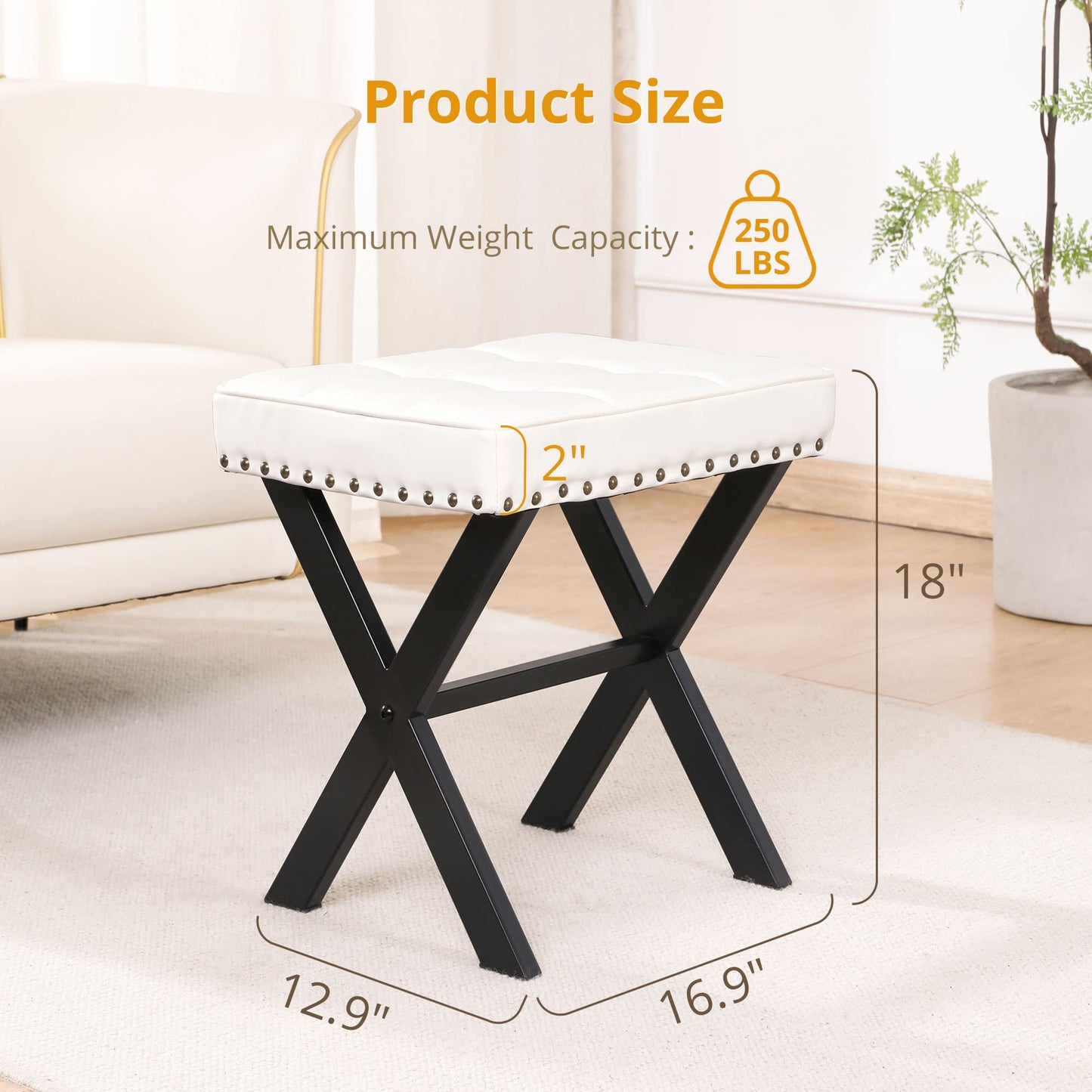 LUE BONA White Vanity Stool - Square Faux Leather Makeup Seat With Metal X Legs, Small Ottoman Chair for Makeup Room, Living Room, Bathroom - Padded Foot Rest