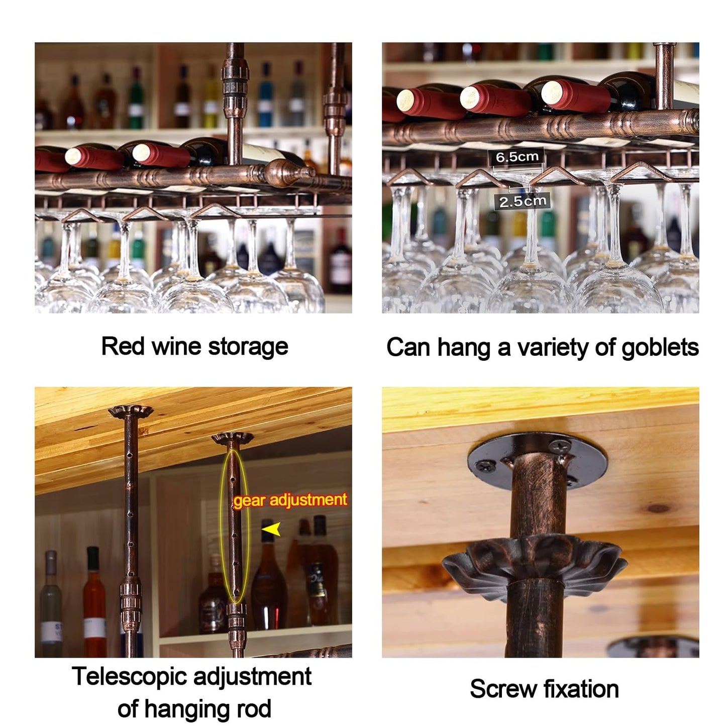 BELELUCKY Wine Rack Wall Mounted with Glass Holder,Metal Hanging Bar Wine Glass Rack Ceiling,Ceiling Bars Shelf,Height Adjustable Liquor Bottle Display Shelf for Bar Cafe Kitchen (Color : Bl