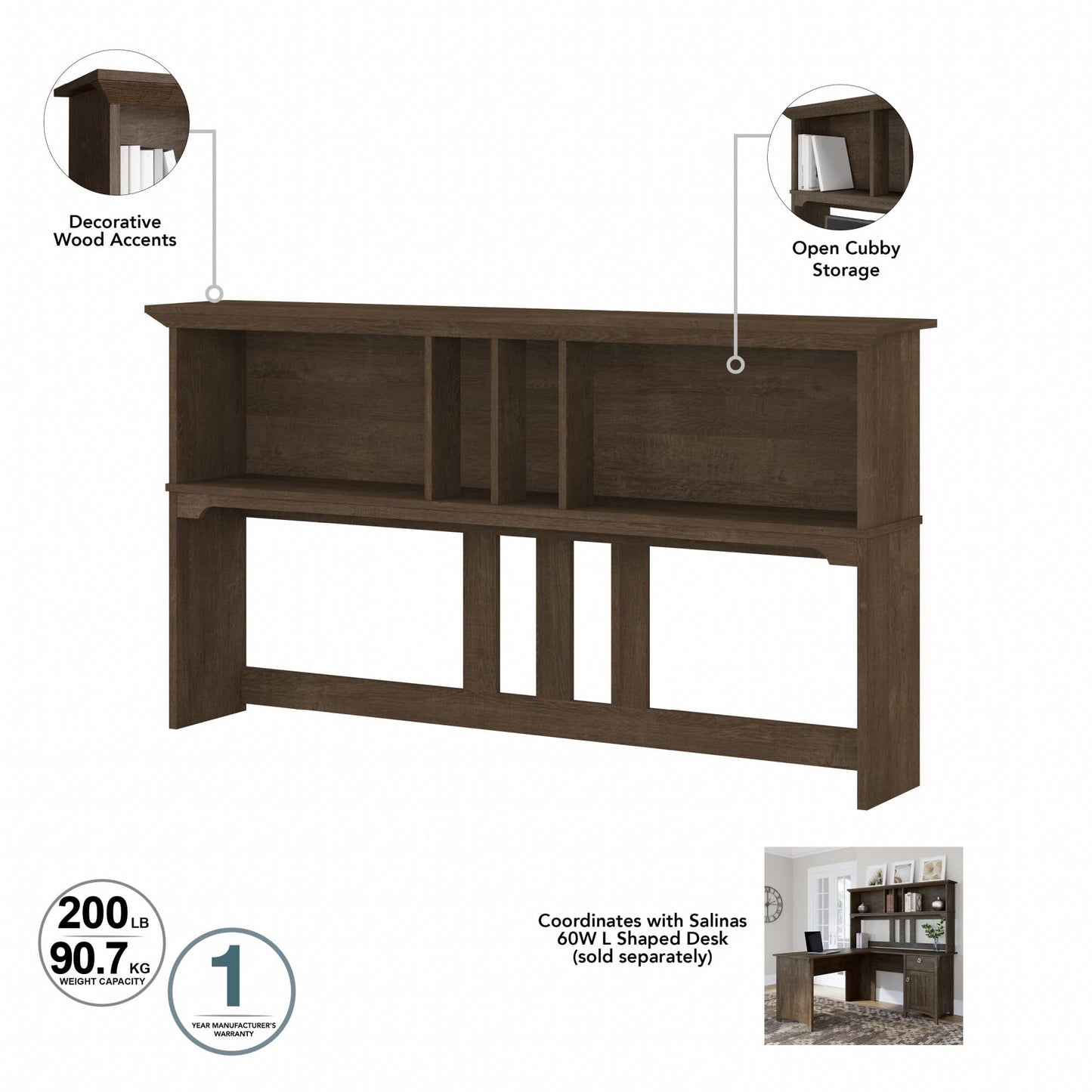 Bush Furniture Salinas L Shaped Desk with Hutch in Ash Brown, Corner Table with Drawers and Storage for Home Office