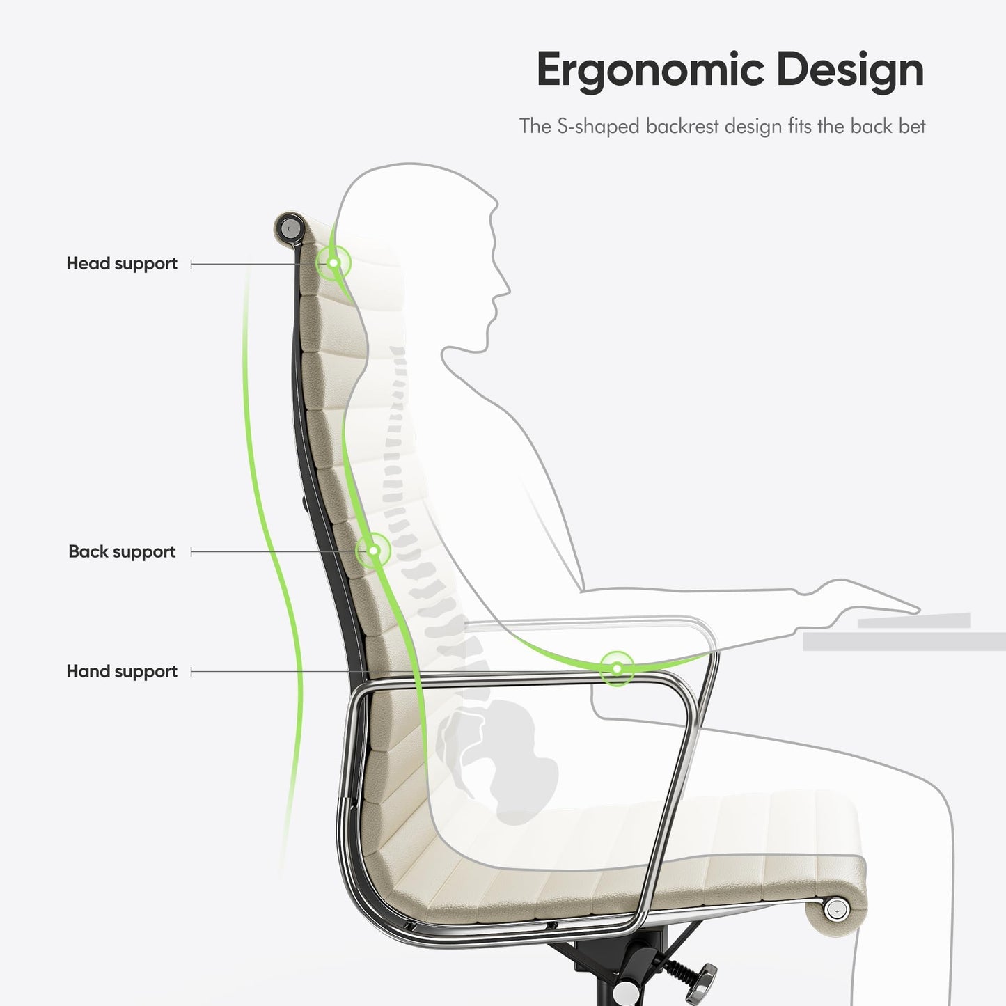 Ribbed Office Chair with Top Grain Leather - High Back Ergonomic Desk Chair with Aluminum Arms & Frame, Swivel Wheels & Tilt Function, Adjustable Height