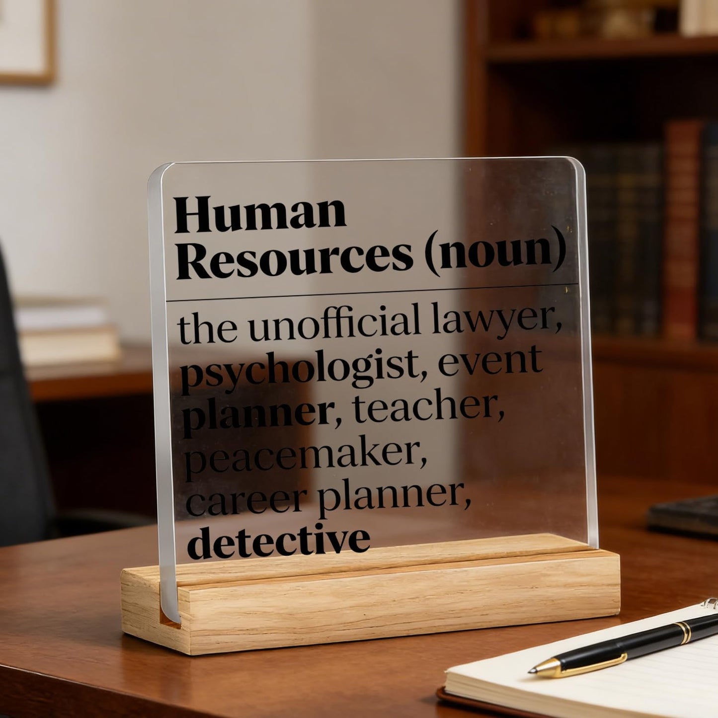Funny Office Acrylic Desk Plaque Human Resources Definition Desk Decorative Sign with Wooden Stand Humorous Tabletop Ornament, Funny Office Gift for Coworkers, HR Manager Appreciation(Black)