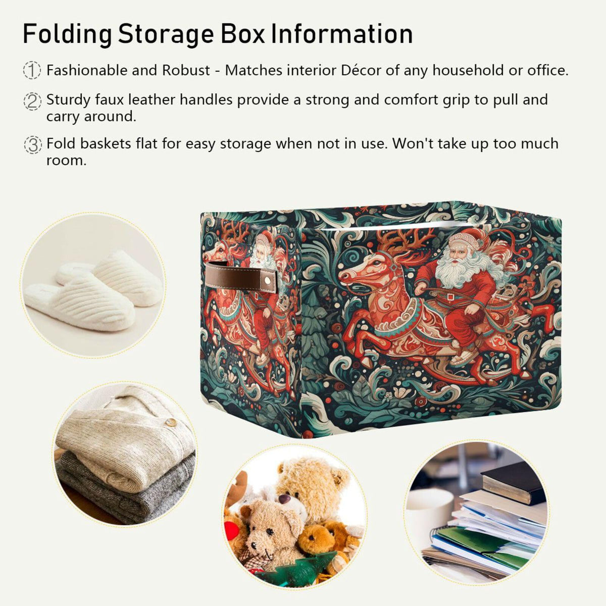 Christmas Storage Basket, Christmas Santa Elk Wave Foldable Fabric Collapsible Storage Bins Organizer Bag for Storage Clothes