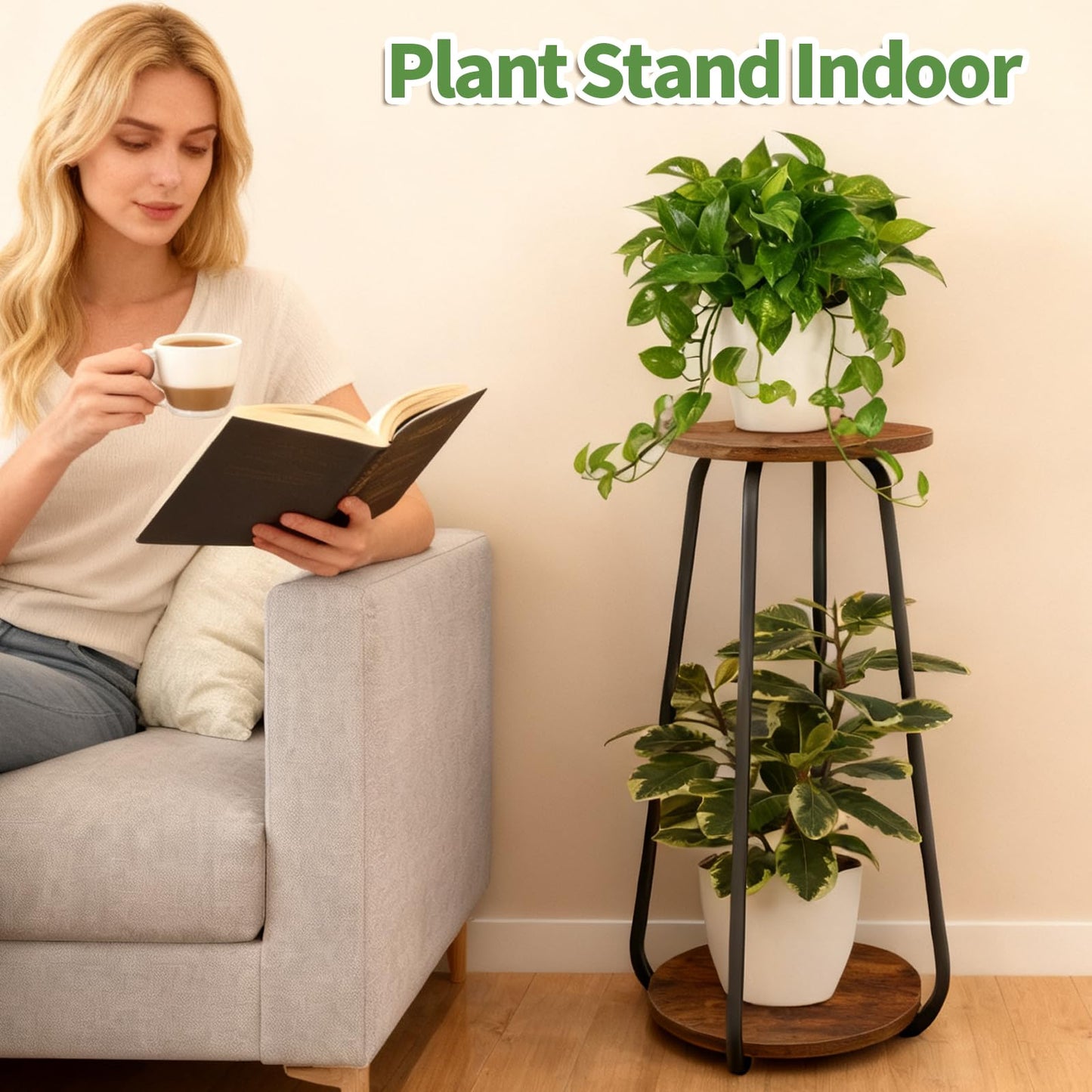 OugeWood Plant Stand Indoor, 2 Tier Plant Shelf Pedestal Stand Flower Stand, Metal Wood Plant Stands for Indoor Plants Living Room Balcony Deck Garden