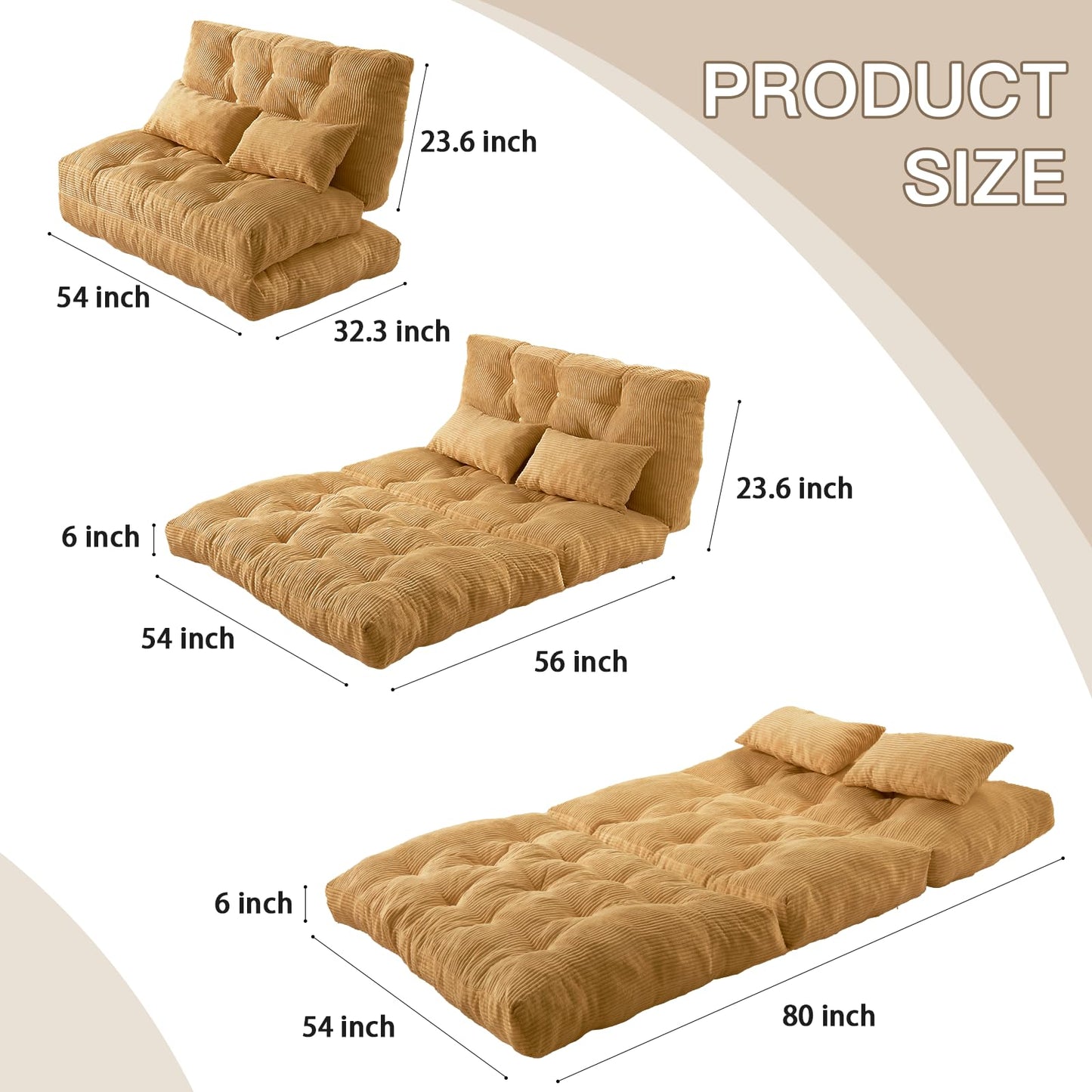 Folding Sofa Bed, Convertible Sleeper Chair with Pillow Foldable Mattress with Back Support, Portable Fold Out Chair Bed Comfy Floor Sofa Lounge for Living Room Bedroom, Yellow Full 80x54 Inch