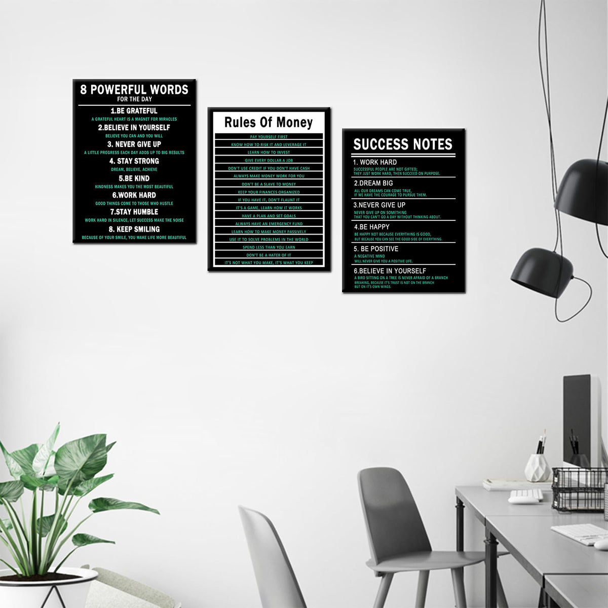 PSYYSP 3 Piece Canvas Wall Art Life Upgrade Money Rules Success Notes Posters, Black Teal Motivational Triptych Wall Decor for Office, Bedroom, Dorm, Framed Canvas 36x16inch