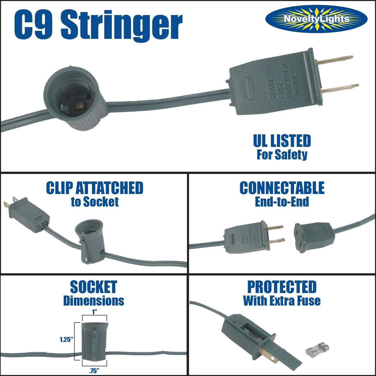C9 Blue Outdoor Christmas Light Set - 25ft Hanging Roofline String Lights - Green Wire