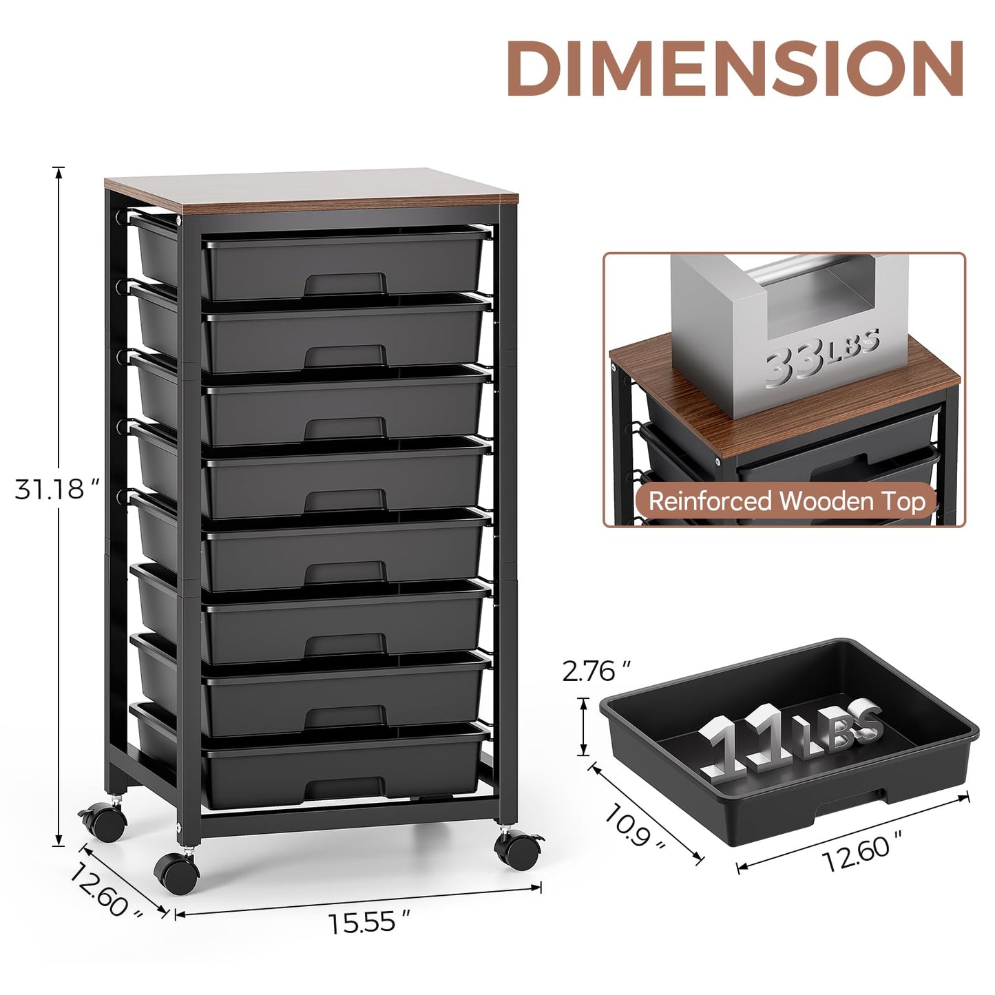 SYKIARIOL Rolling Storage Cart with Drawers,Utility Cart With 8 Drawers and Wooden Tabletop,Rolling Drawer Cart,Storage Drawer Cart for Living Room,Classroom,Bedroom,Bathroom,Dorm,Office, Black