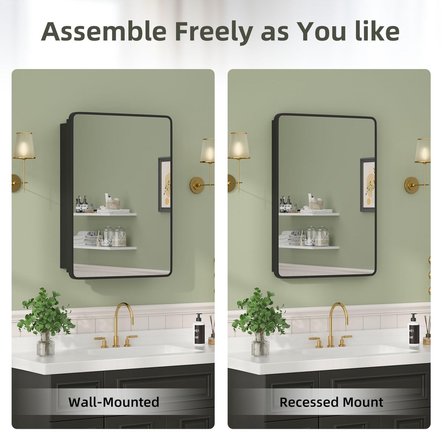 YTSMIR 20×28 Black Medicine Cabinet with Mirror, Bathroom Medicine Cabinet with Mirror for Vanity Wall Mounted & Recessed with Cosmetics Storage Rack, 2 Stable and Removable Shelves, Easy Installation